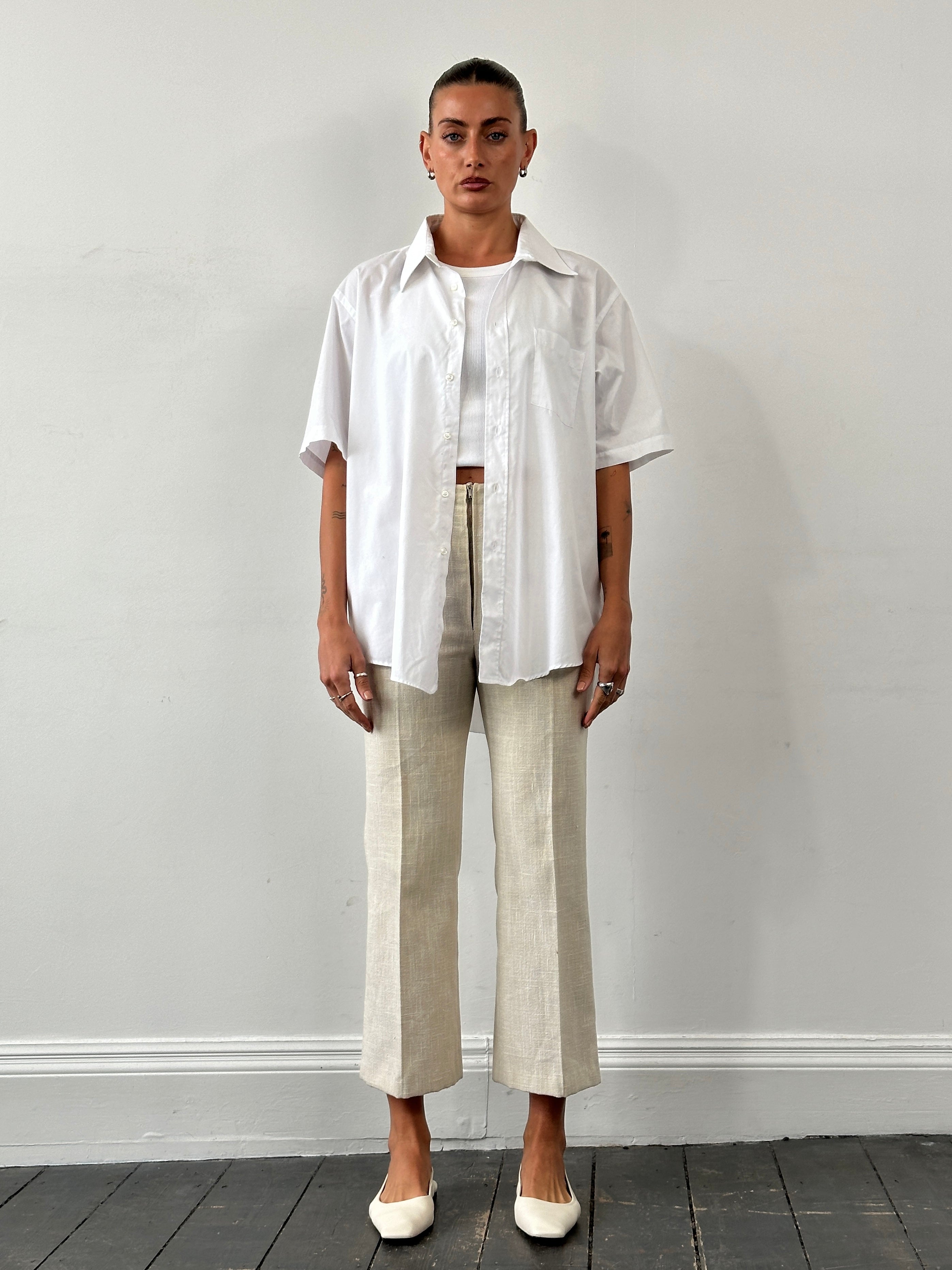 Vintage Front Zip Linen Flared Trousers - W26 - SYLK