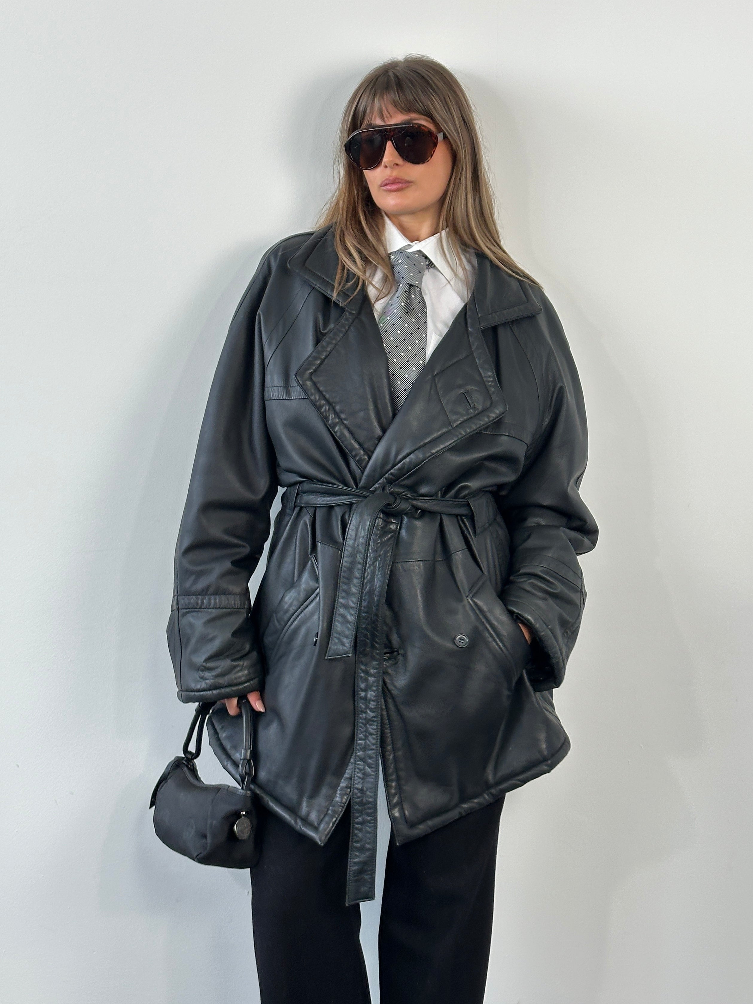 Vintage 1990s Leather Double Breasted Belted Trench Coat - XL - SYLK