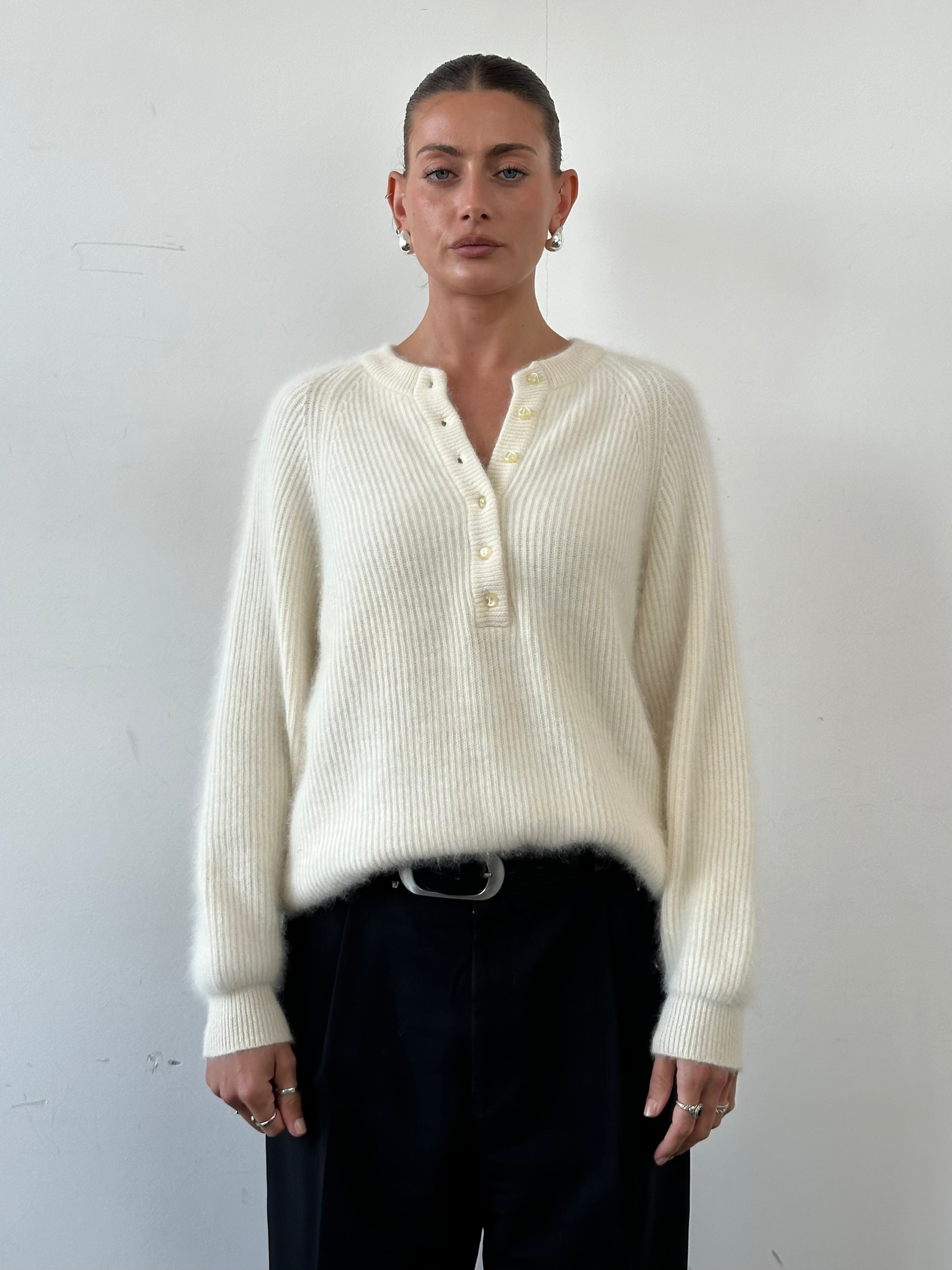 Italian Vintage Fuzzy Wool Rib Knit Polo Jumper - XL - SYLK