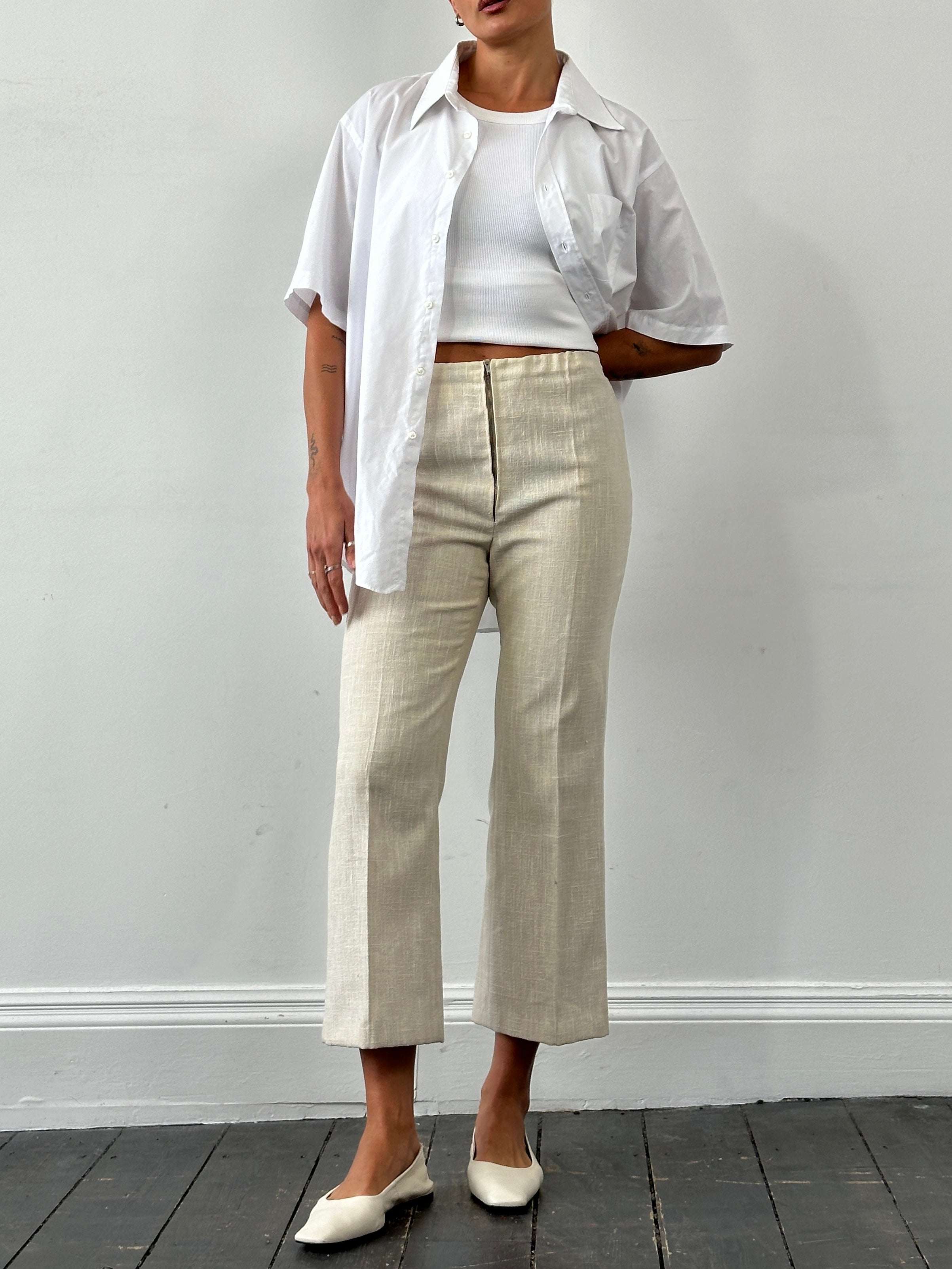 Vintage Front Zip Linen Flared Trousers - W26 - SYLK