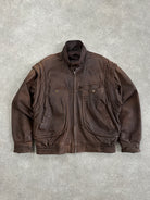 Vintage High Neck Aged Leather Bomber Jacket - L/XL - SYLK
