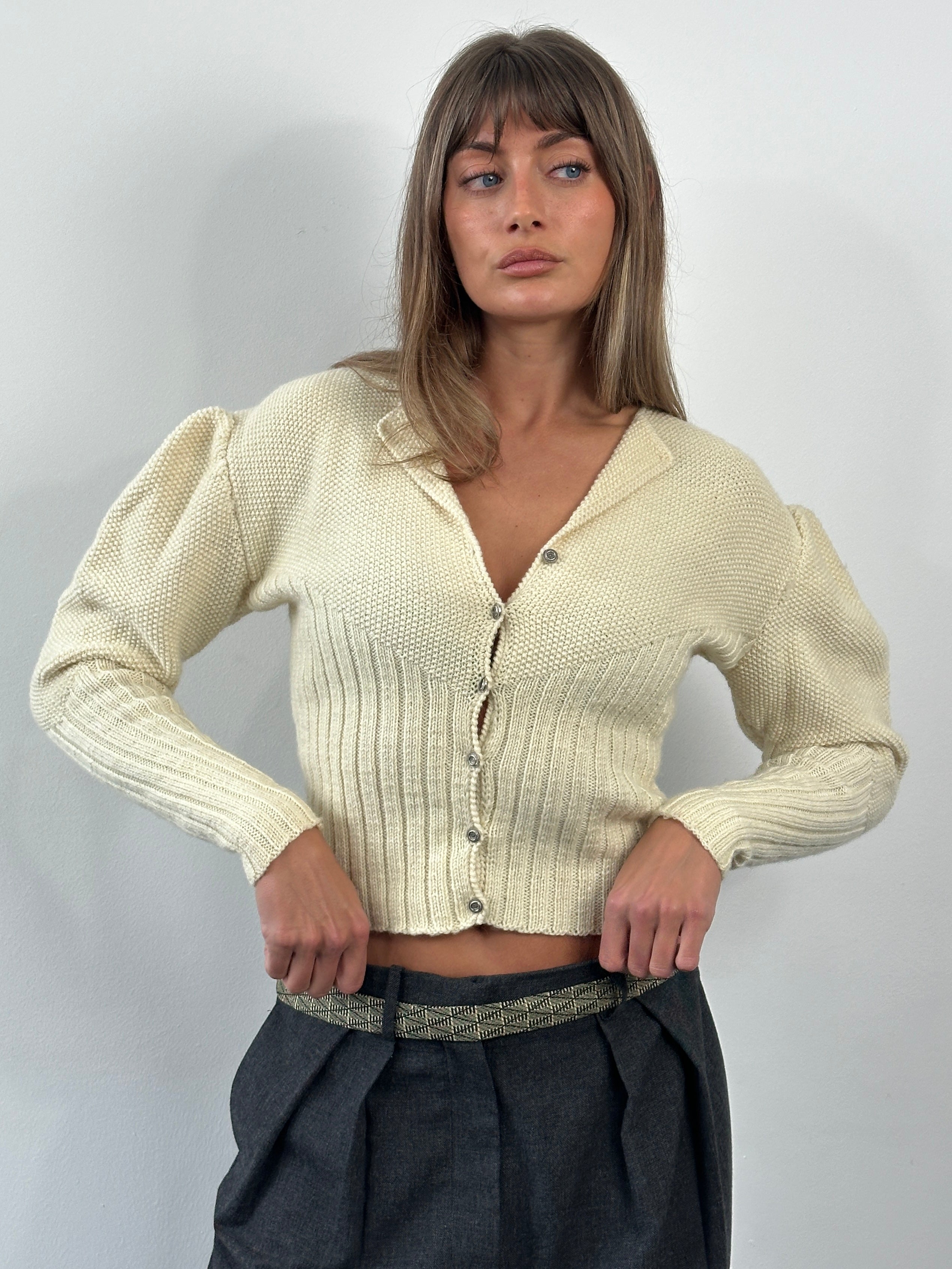 Vintage 1980s Wool Puff Sleeve Knitted Cardigan - SYLK