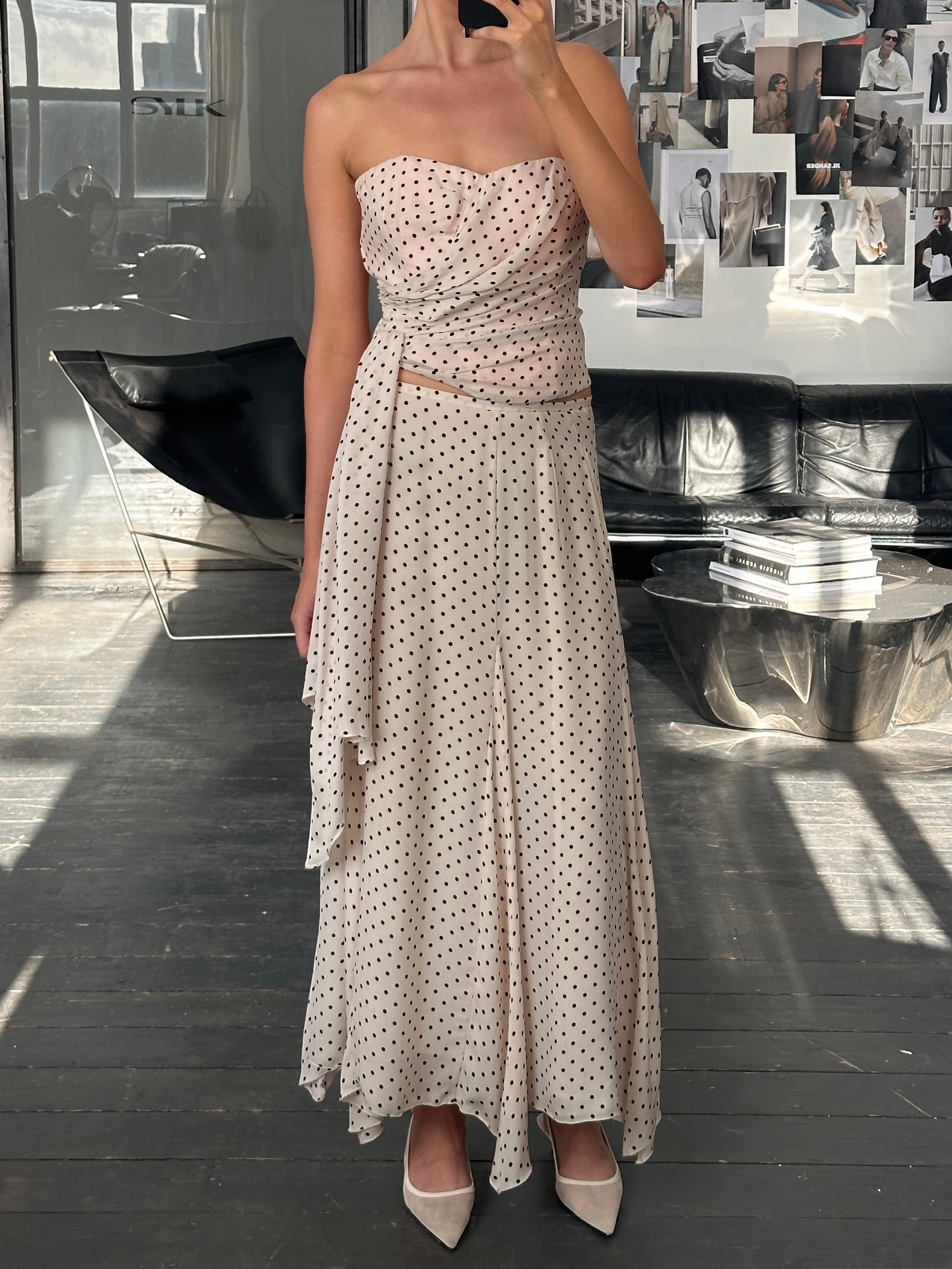 Jaeger 2000s Pure Silk Polkadot Two Piece Skirt Top Set - L/W28 - SYLK