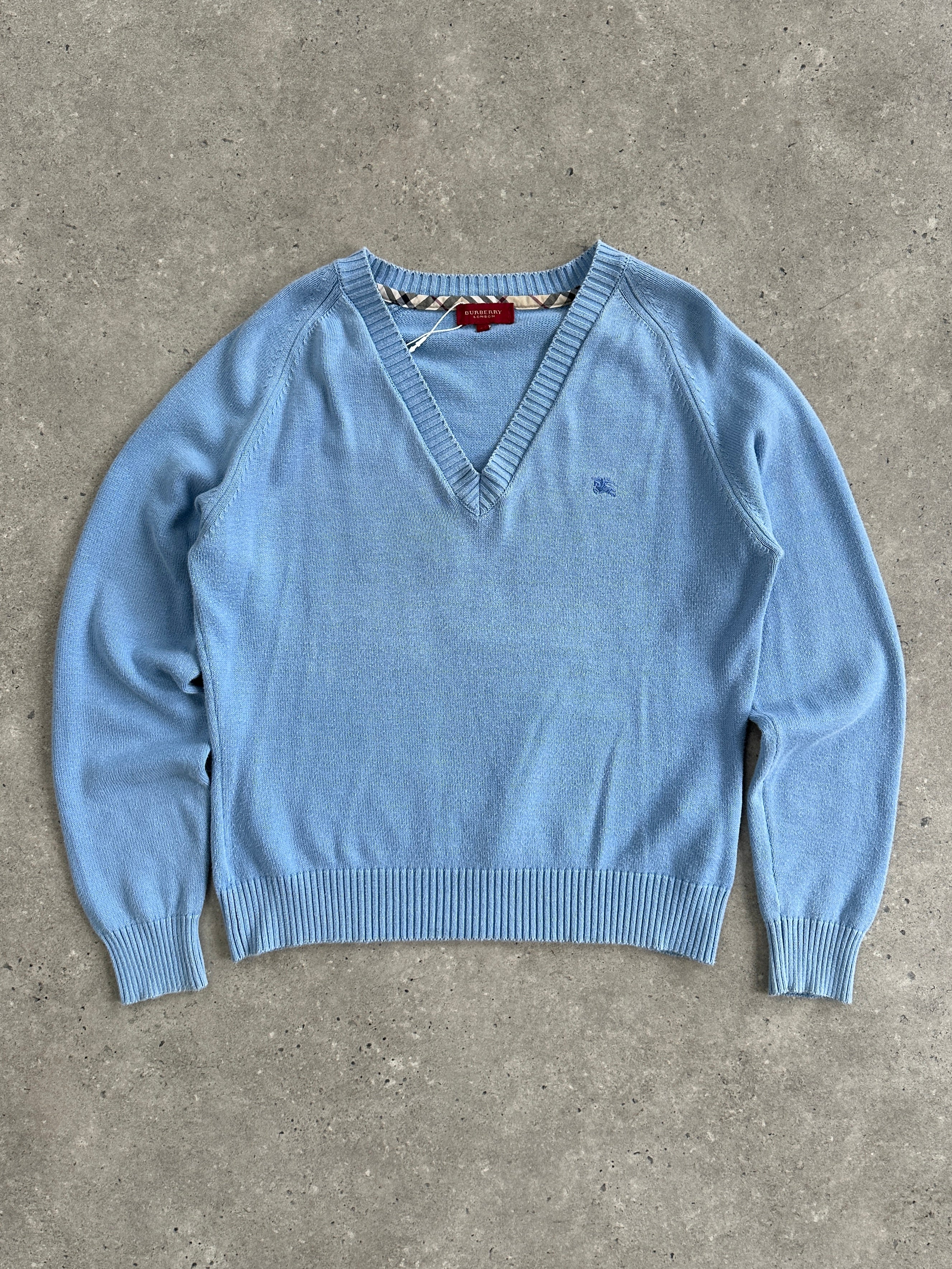 Burberry London 00s V Neck Cotton Logo Jumper - S - SYLK