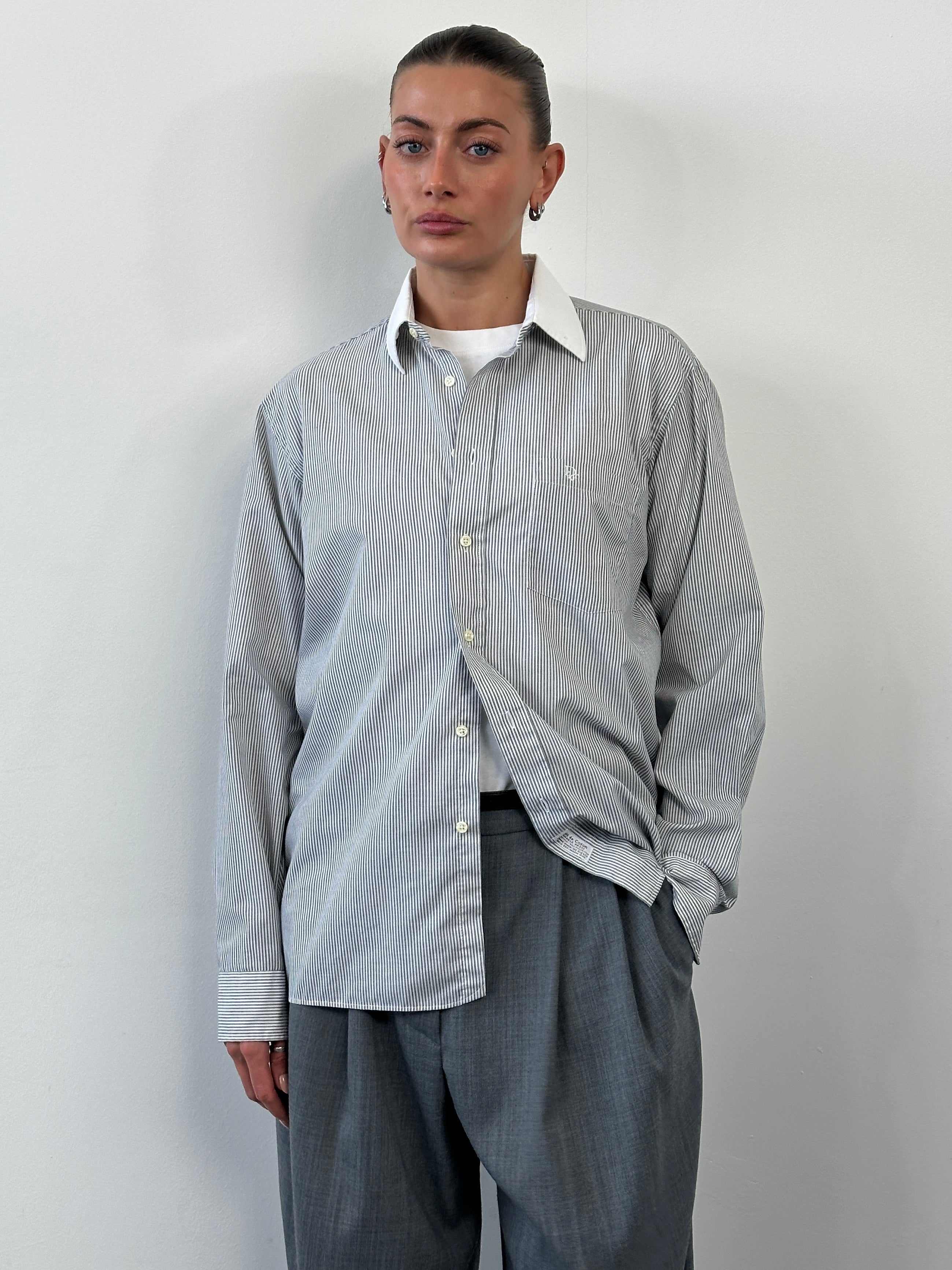 Christian Dior Chemise 1990s Cotton Stripe Logo Shirt - L - SYLK