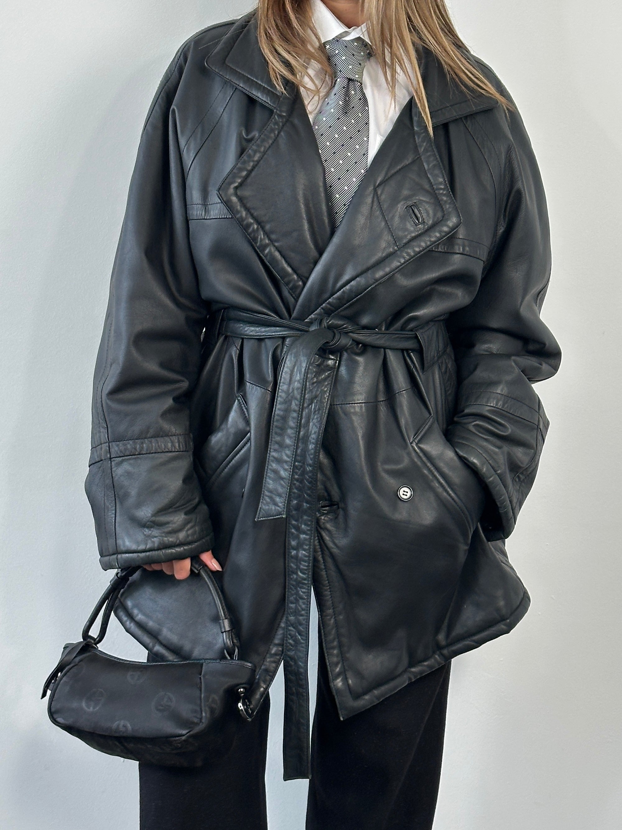 Vintage 1990s Leather Double Breasted Belted Trench Coat - XL - SYLK