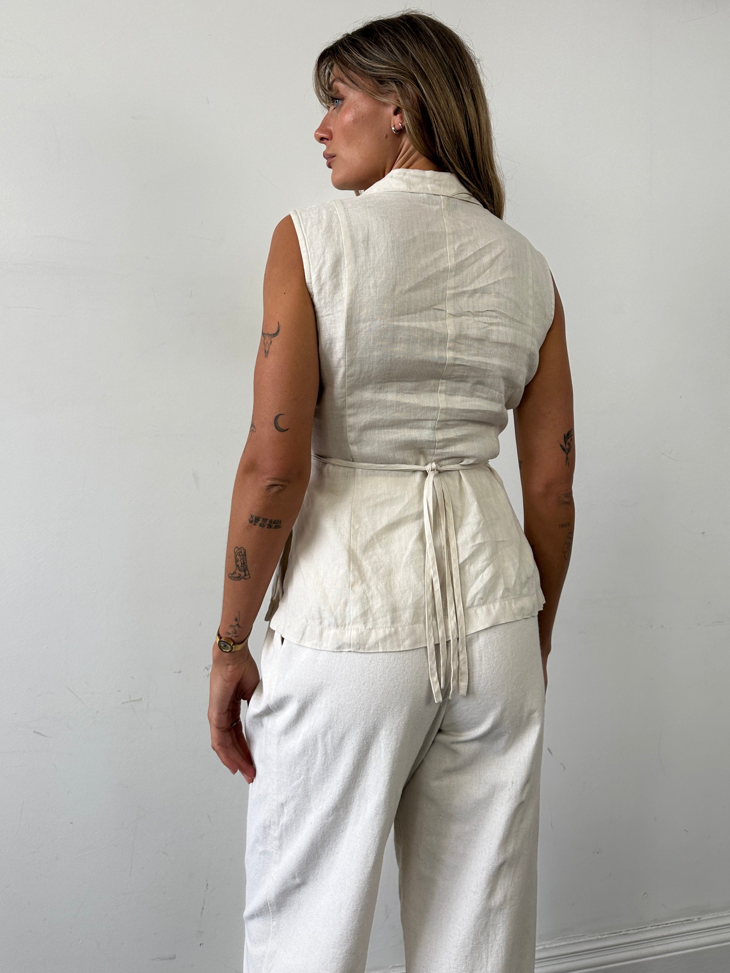 Vintage Linen Cotton Tie Front Waistcoat - M - SYLK