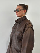 Vintage High Neck Aged Leather Bomber Jacket - L/XL - SYLK