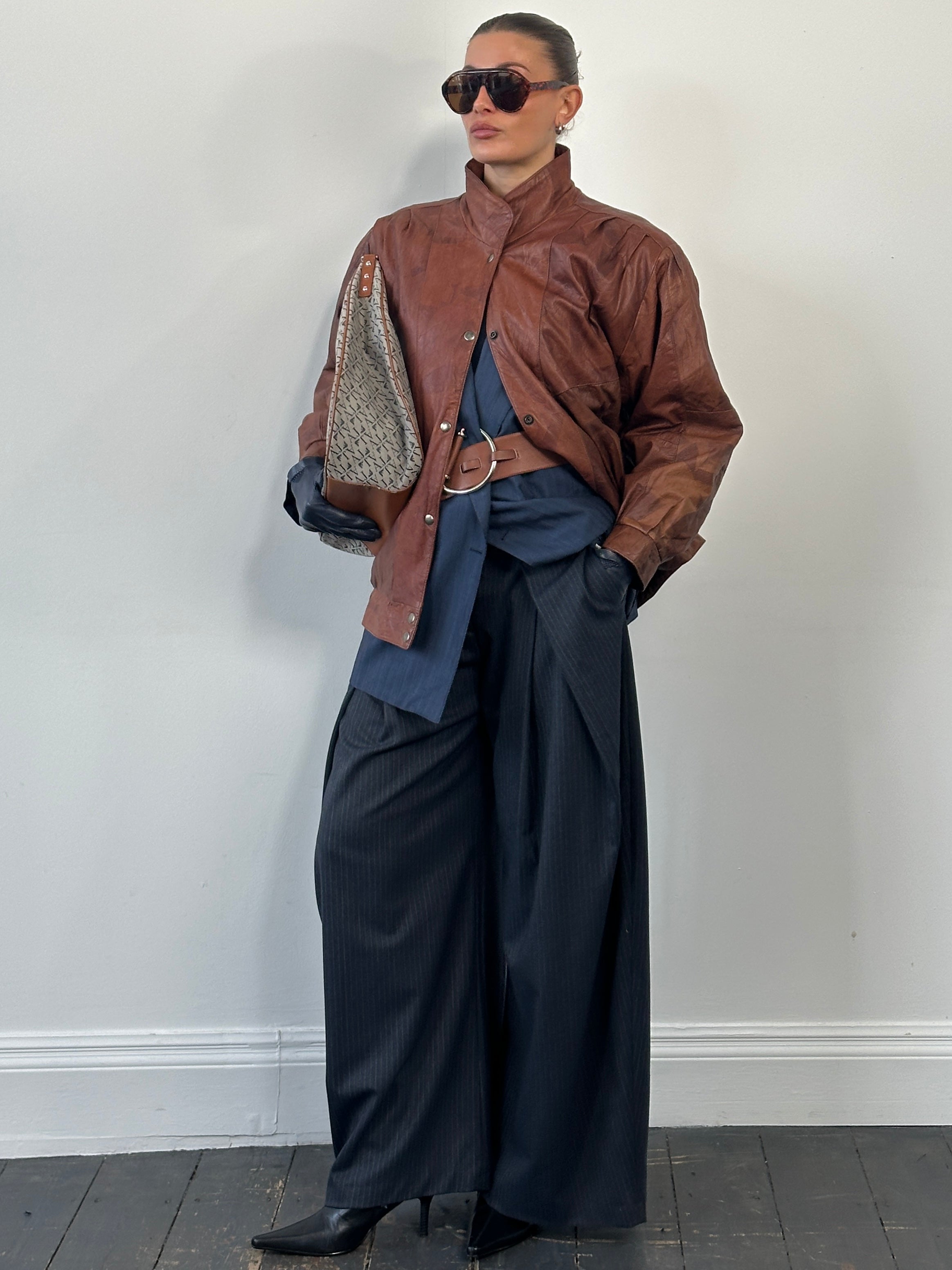 Vintage 1980s High Neck Leather Bomber Jacket - SYLK