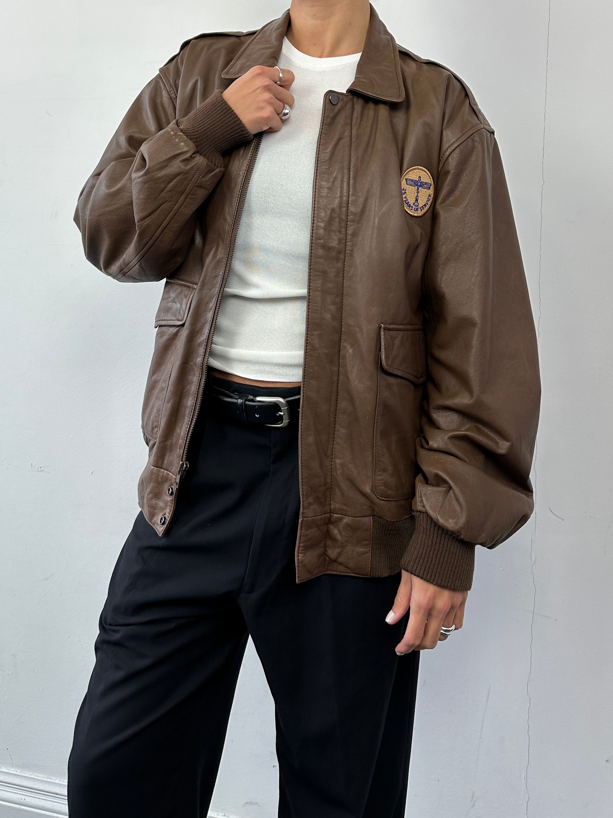 Vintage Embroidery Aviator Leather Bomber Jacket - M/L - SYLK