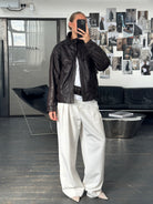 Vintage 1980s High Neck Cropped Leather Bomber Jacket - L - SYLK