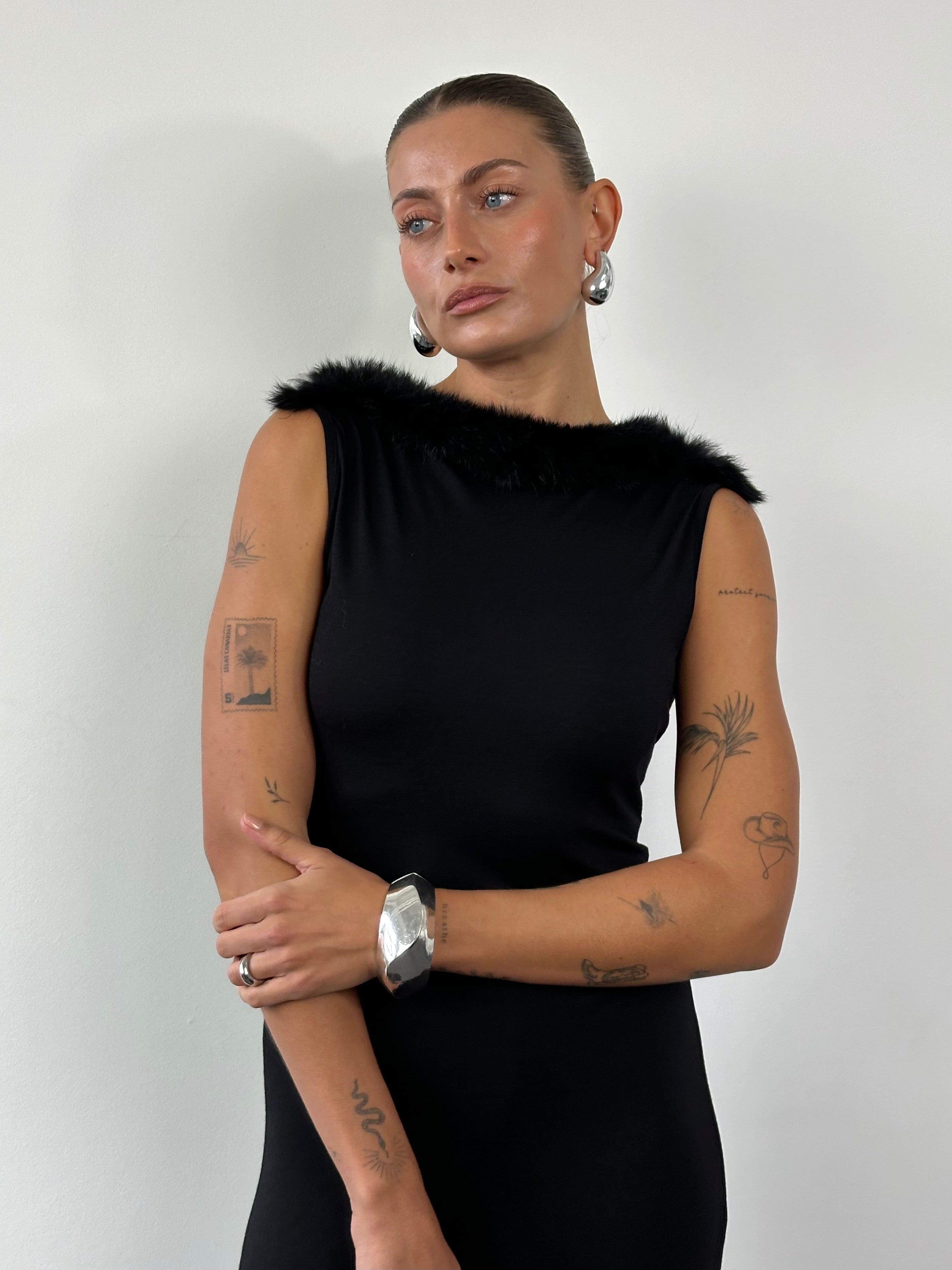 Moschino Feather Trim Boat Neck Midi Dress - S/M - SYLK