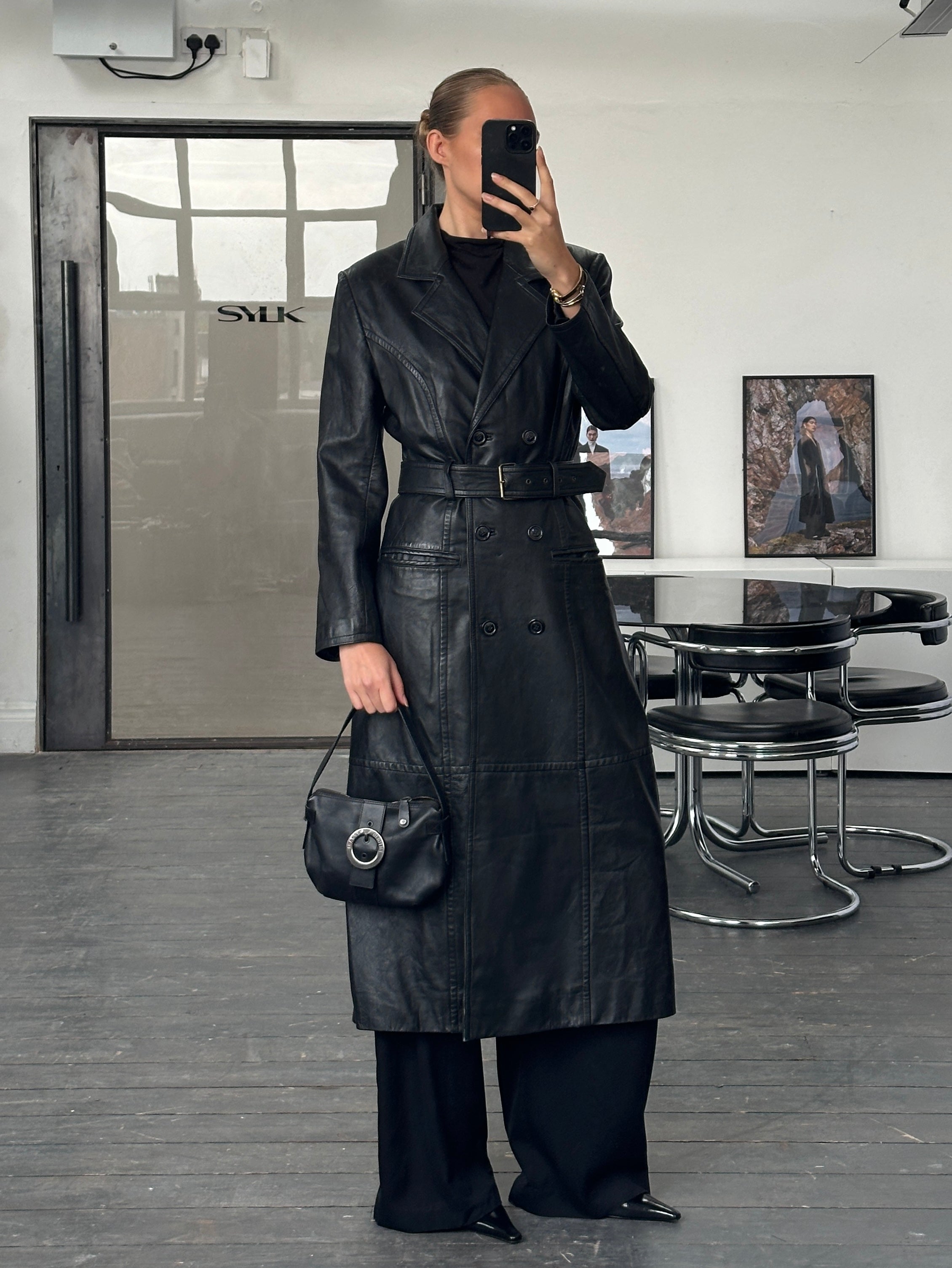 Vintage 1990s Floor Length Belted Leather Trench Coat - M - SYLK