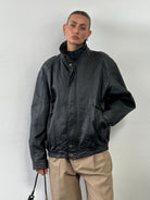 Vintage High Neck Leather Bomber Jacket - XL - SYLK