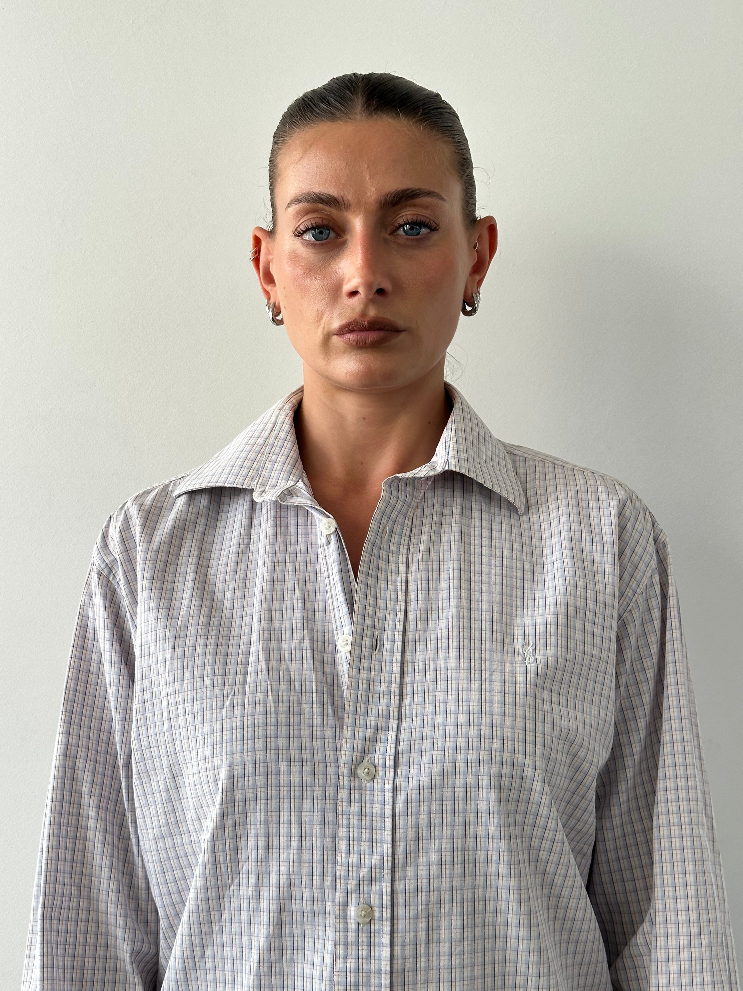 Yves Saint Laurent 00s Mini Check Pure Cotton Logo Shirt - M - SYLK
