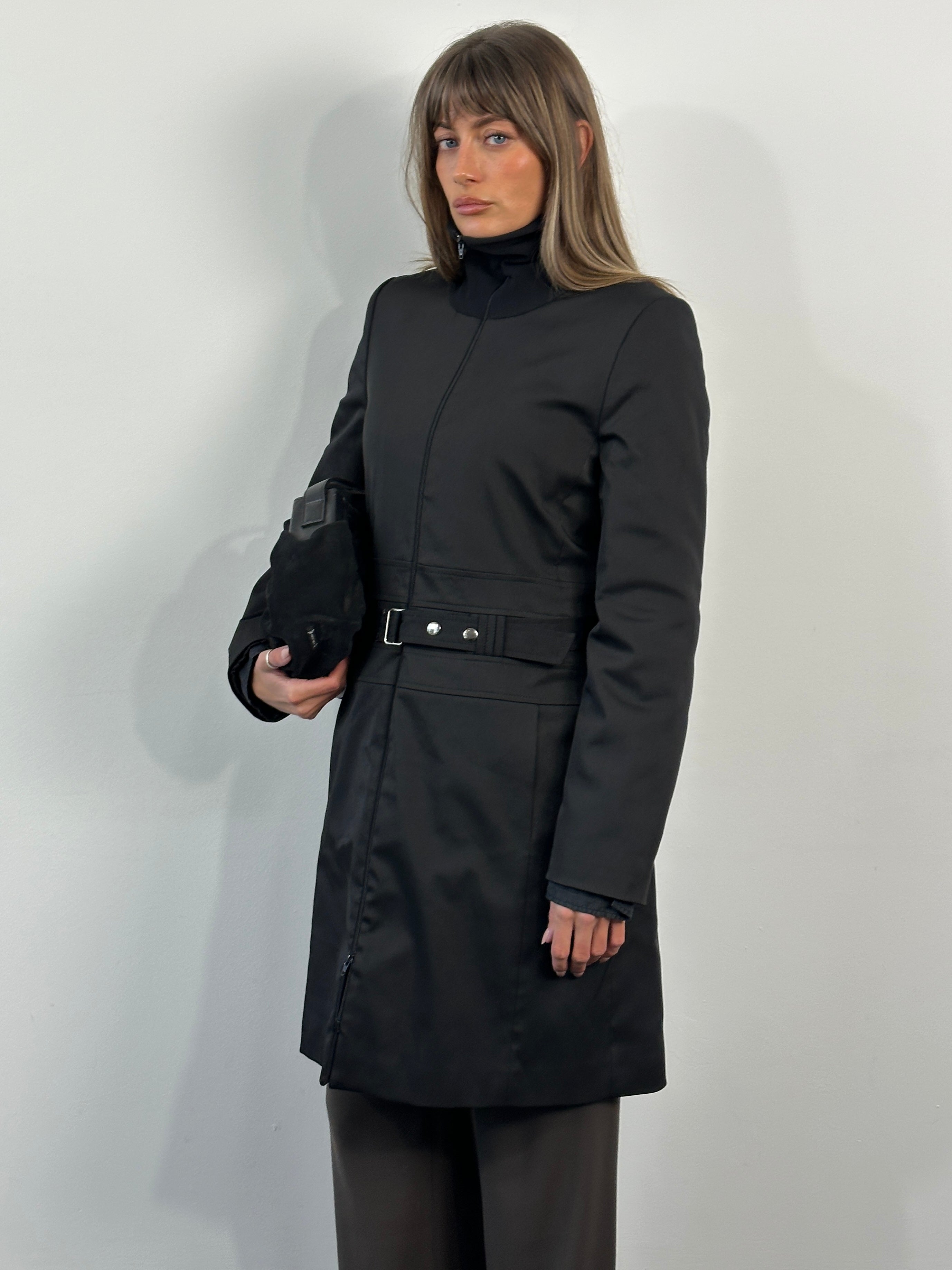 Vintage 1990s Funnel Neck Nylon Belted Trench Coat - M - SYLK