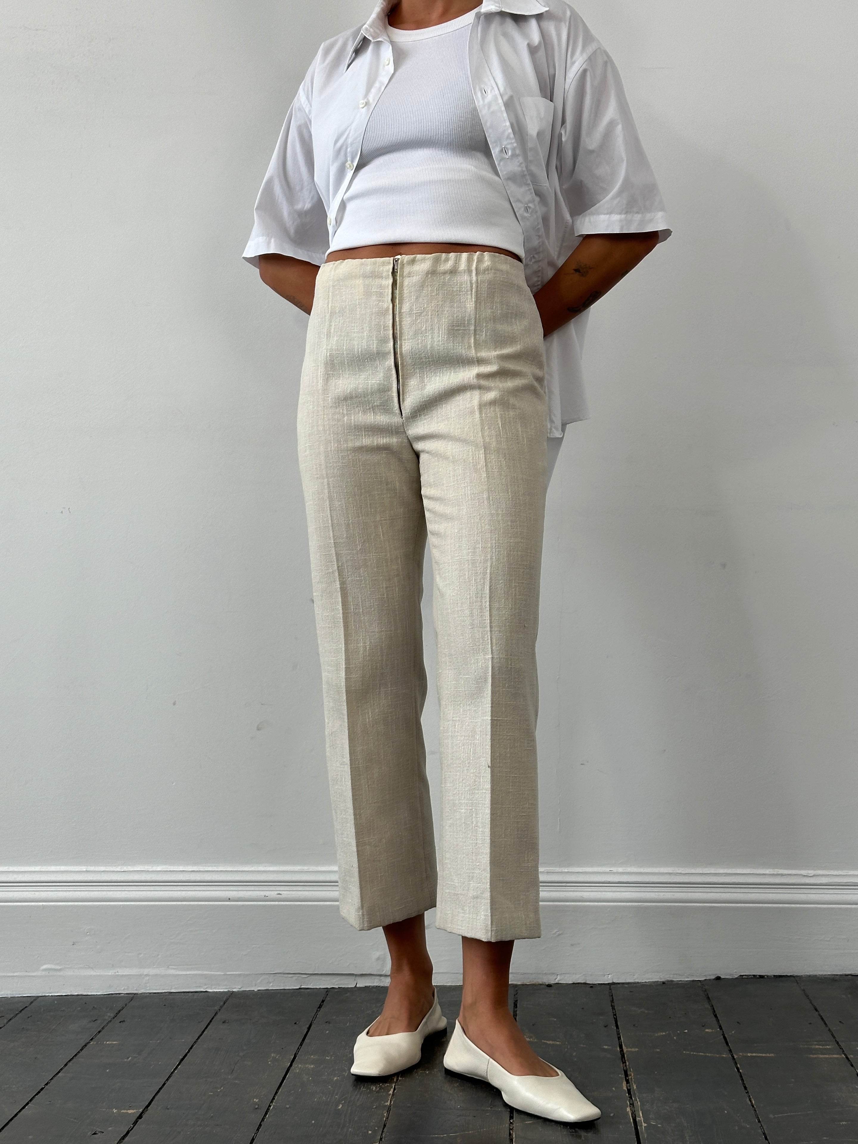 Vintage Front Zip Linen Flared Trousers - W26 - SYLK