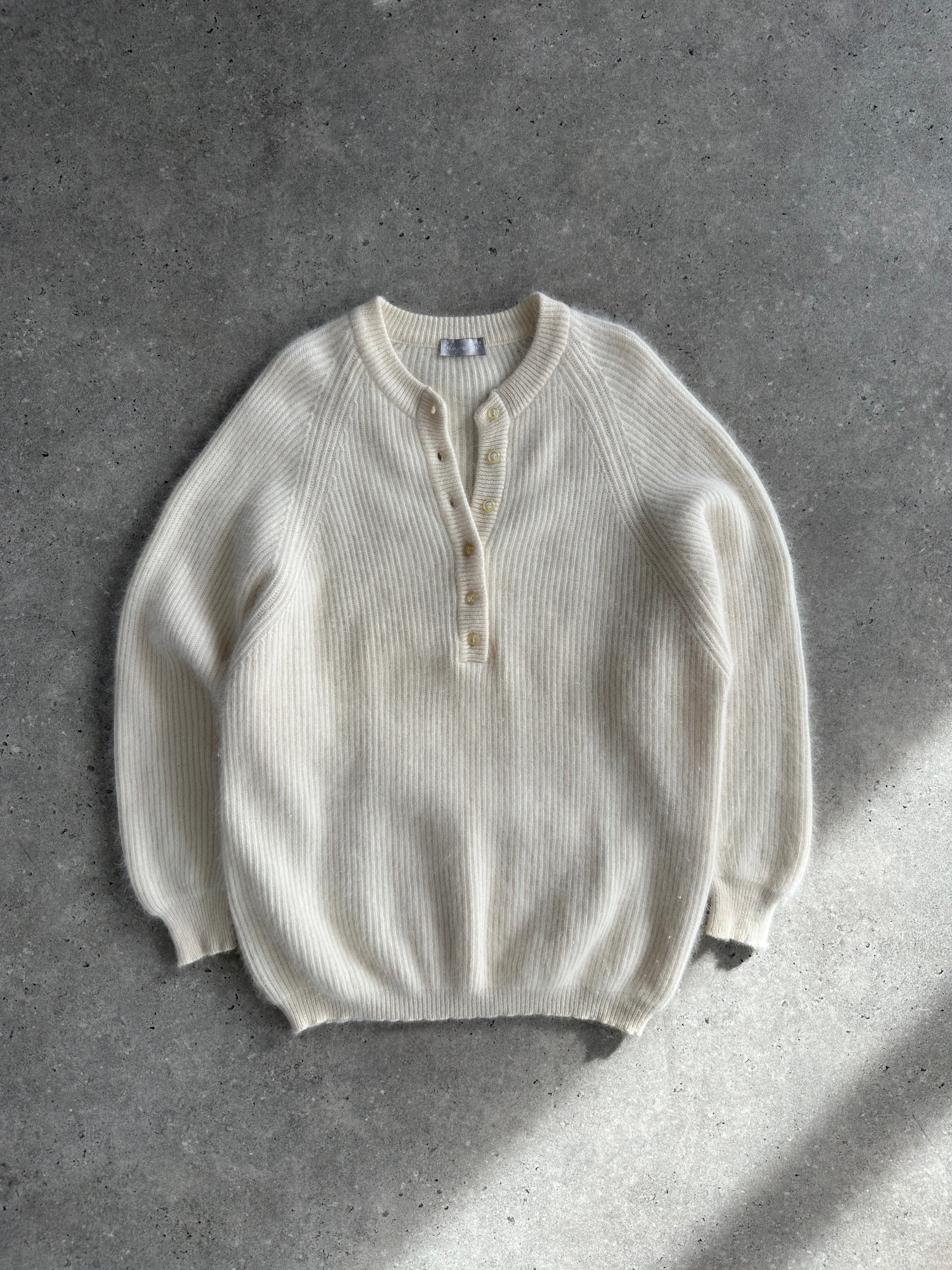 Italian Vintage Fuzzy Wool Rib Knit Polo Jumper - XL - SYLK