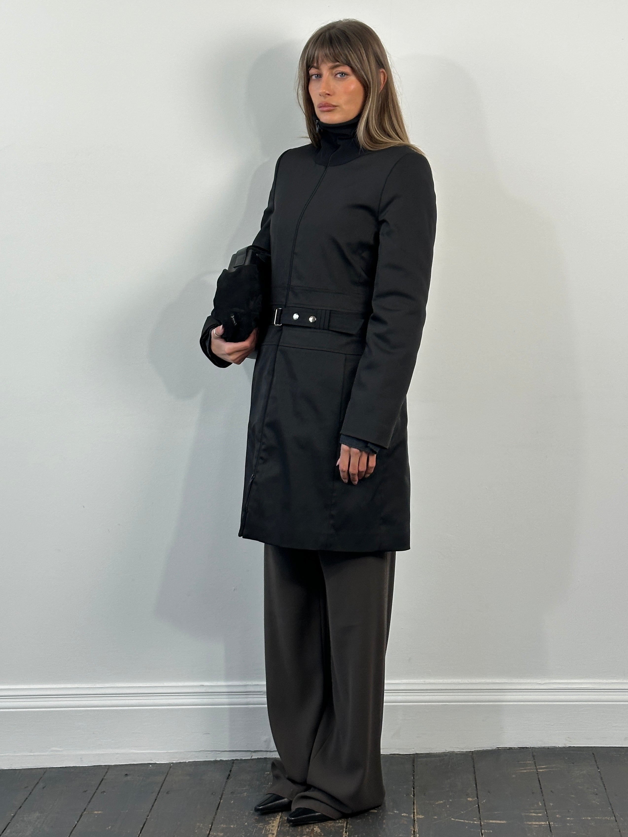 Vintage 1990s Funnel Neck Nylon Belted Trench Coat - M - SYLK