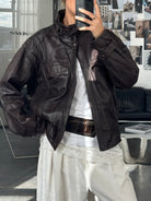 Vintage 1980s High Neck Cropped Leather Bomber Jacket - L - SYLK