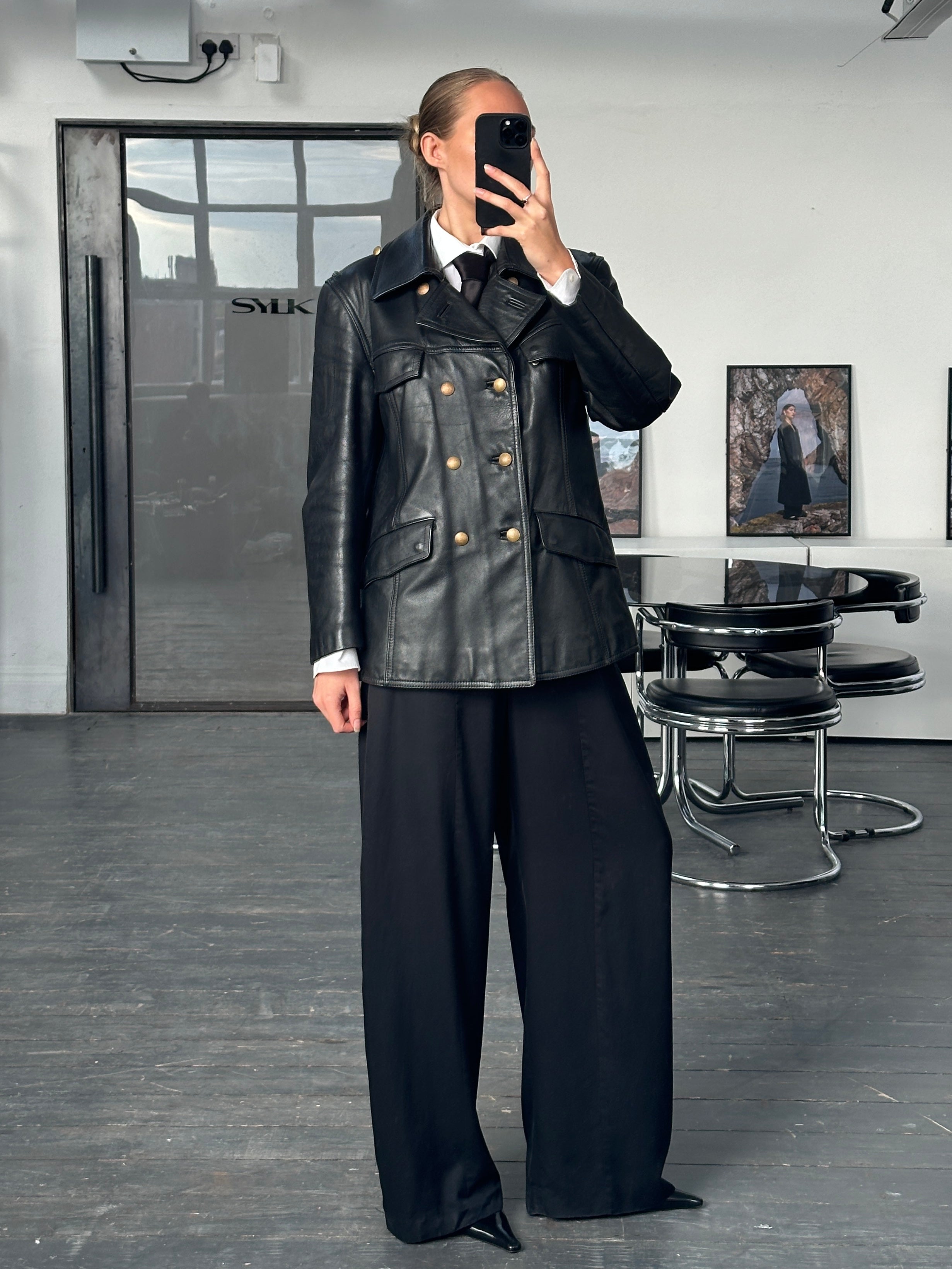Vintage 1980s Double Breasted Military Leather Jacket - M/L - SYLK