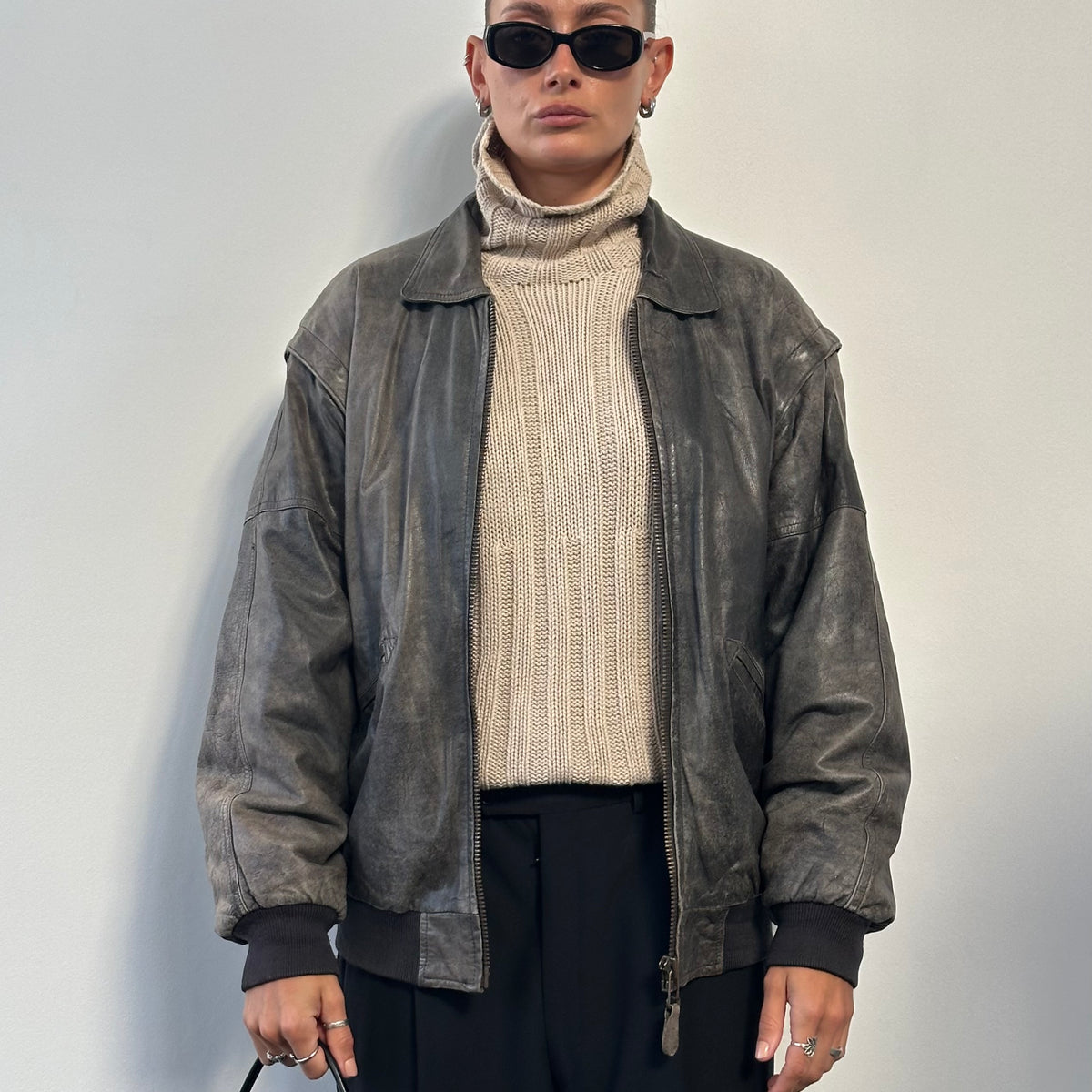 Distressed Leather Bomber Jacket main image 0