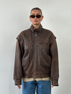 Vintage High Neck Aged Leather Bomber Jacket - L/XL - SYLK