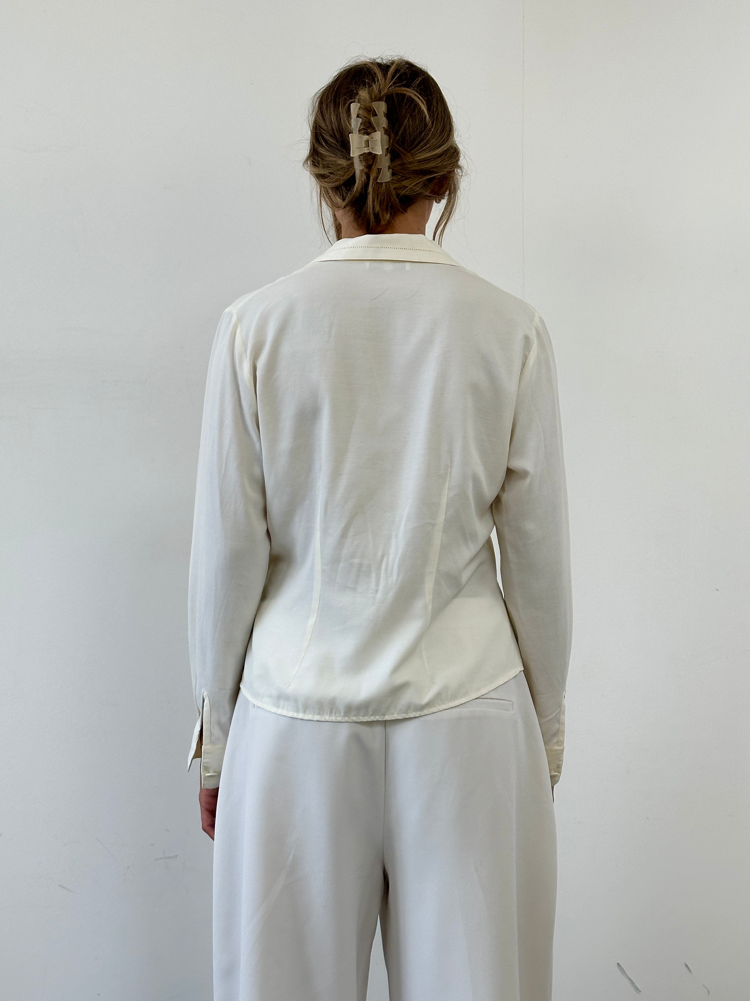 Italian Vintage Open Collar Fitted Blouse - M - SYLK