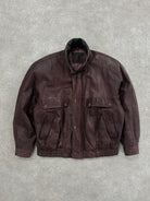 Vintage High Neck Mottled Leather Bomber Jacket - XL - SYLK