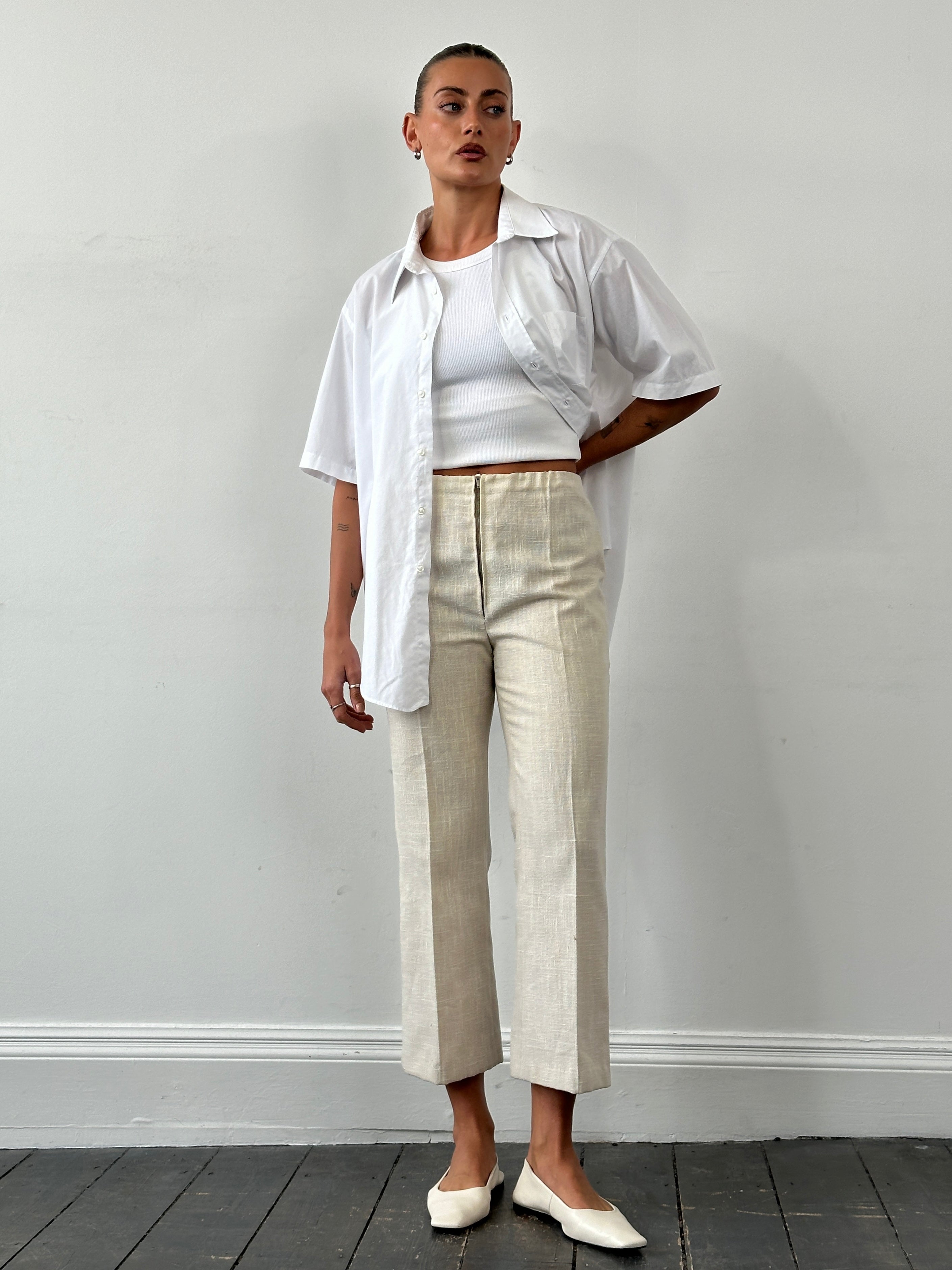 Vintage Front Zip Linen Flared Trousers - W26 - SYLK