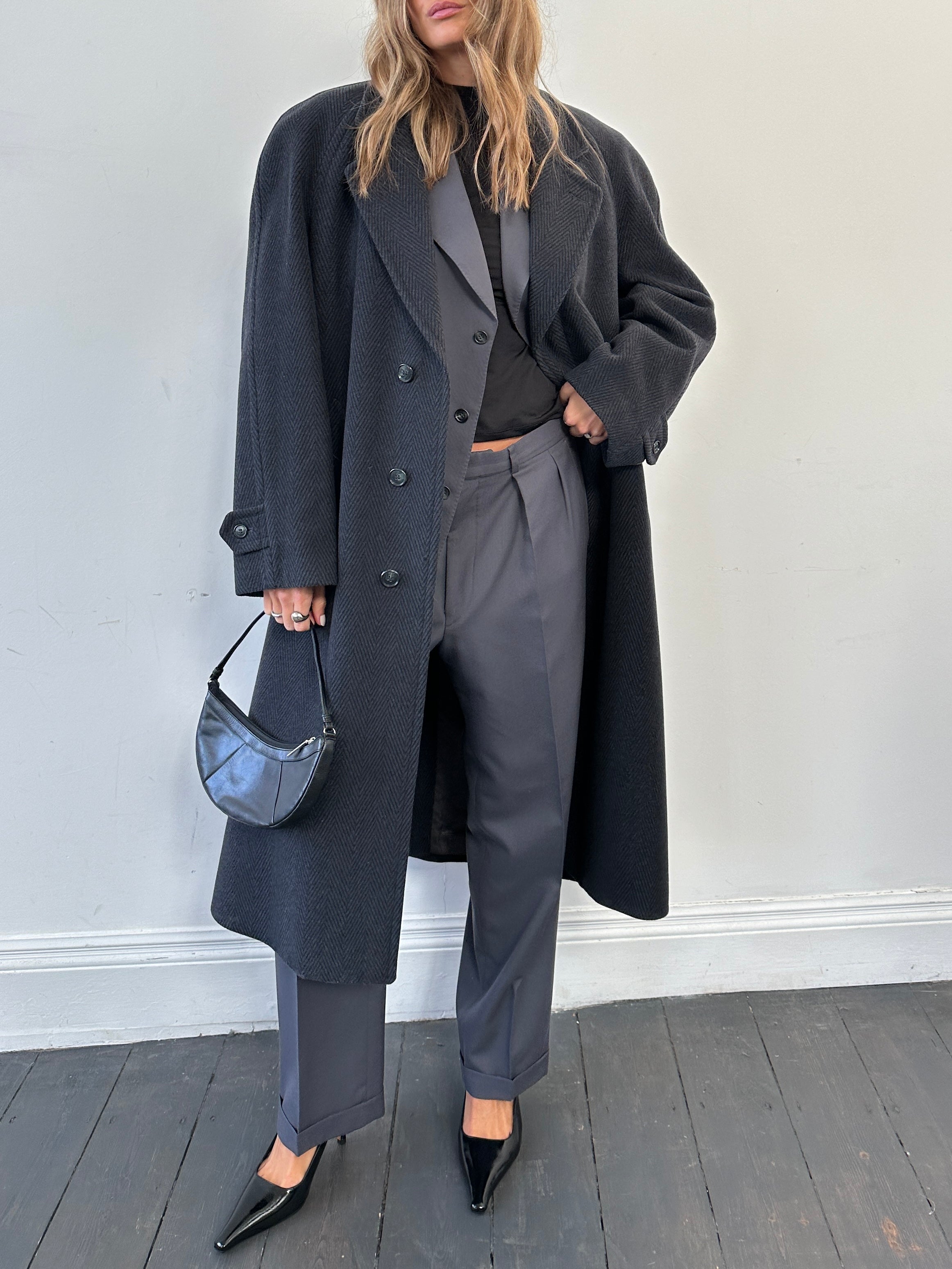 British Vintage Wool Cashmere Herringbone Concealed Placket Coat - XL - SYLK