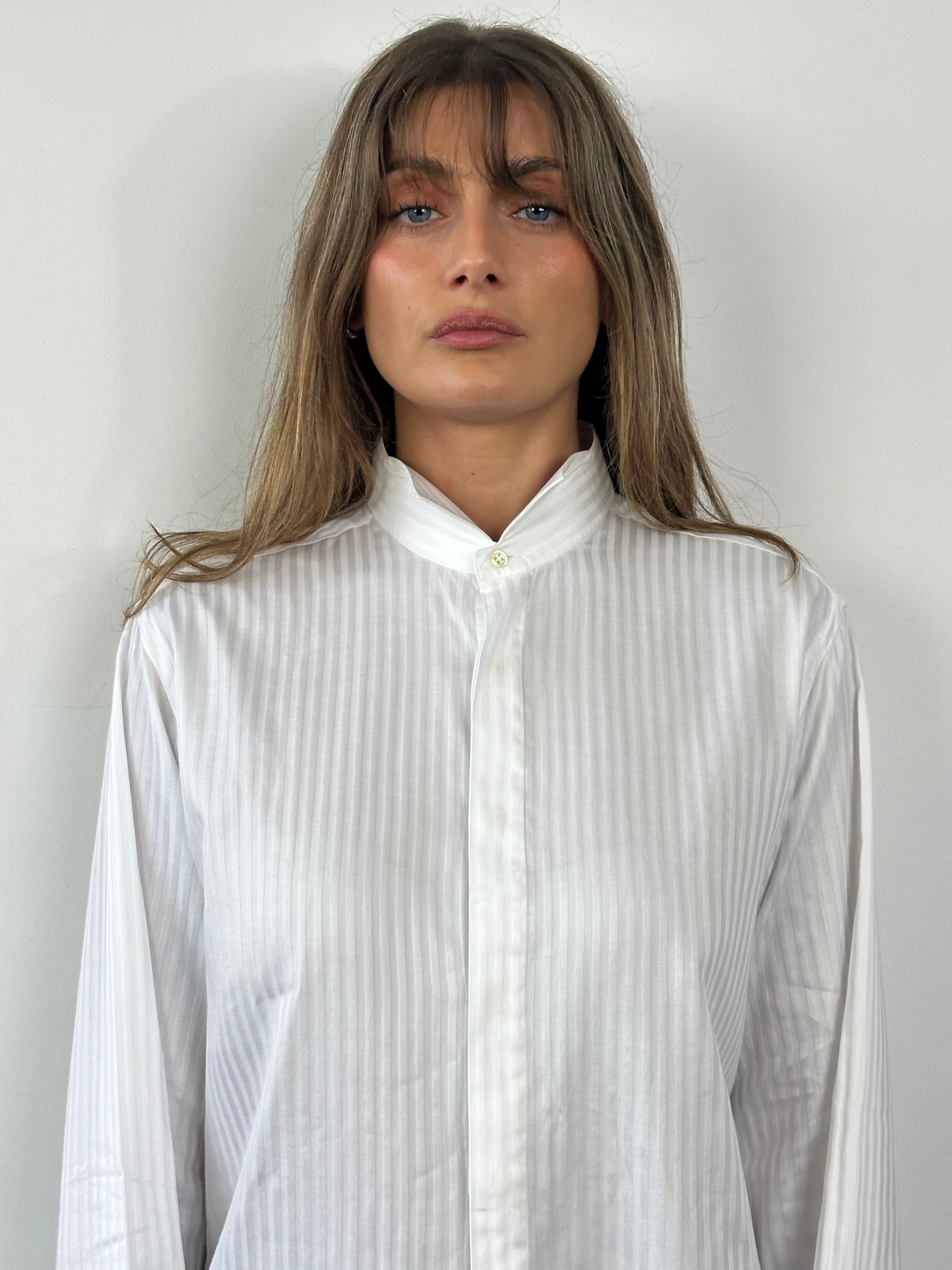 Italian Vintage Pure Cotton Stripe Wing Collar Shirt - L - SYLK