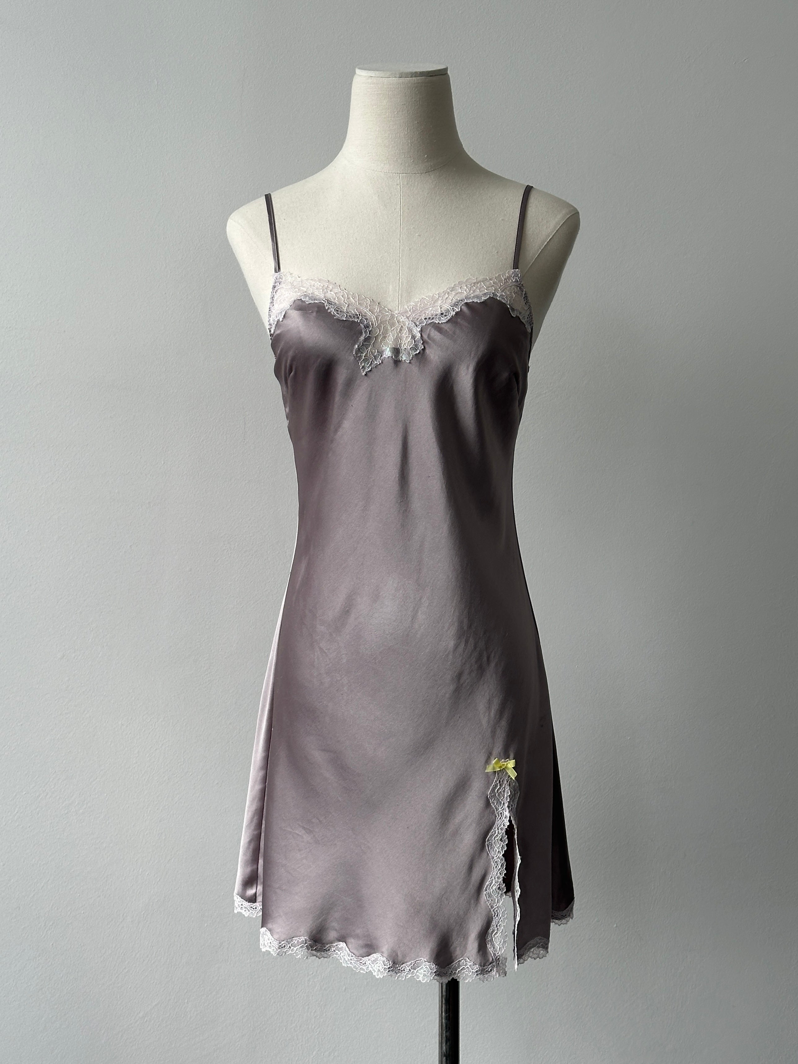 victoria secret slip dress vintage Y2K Medium Blue Satin Lace Slit Bow Lingerie Buy Satin Lace-Trim Mini Slip,