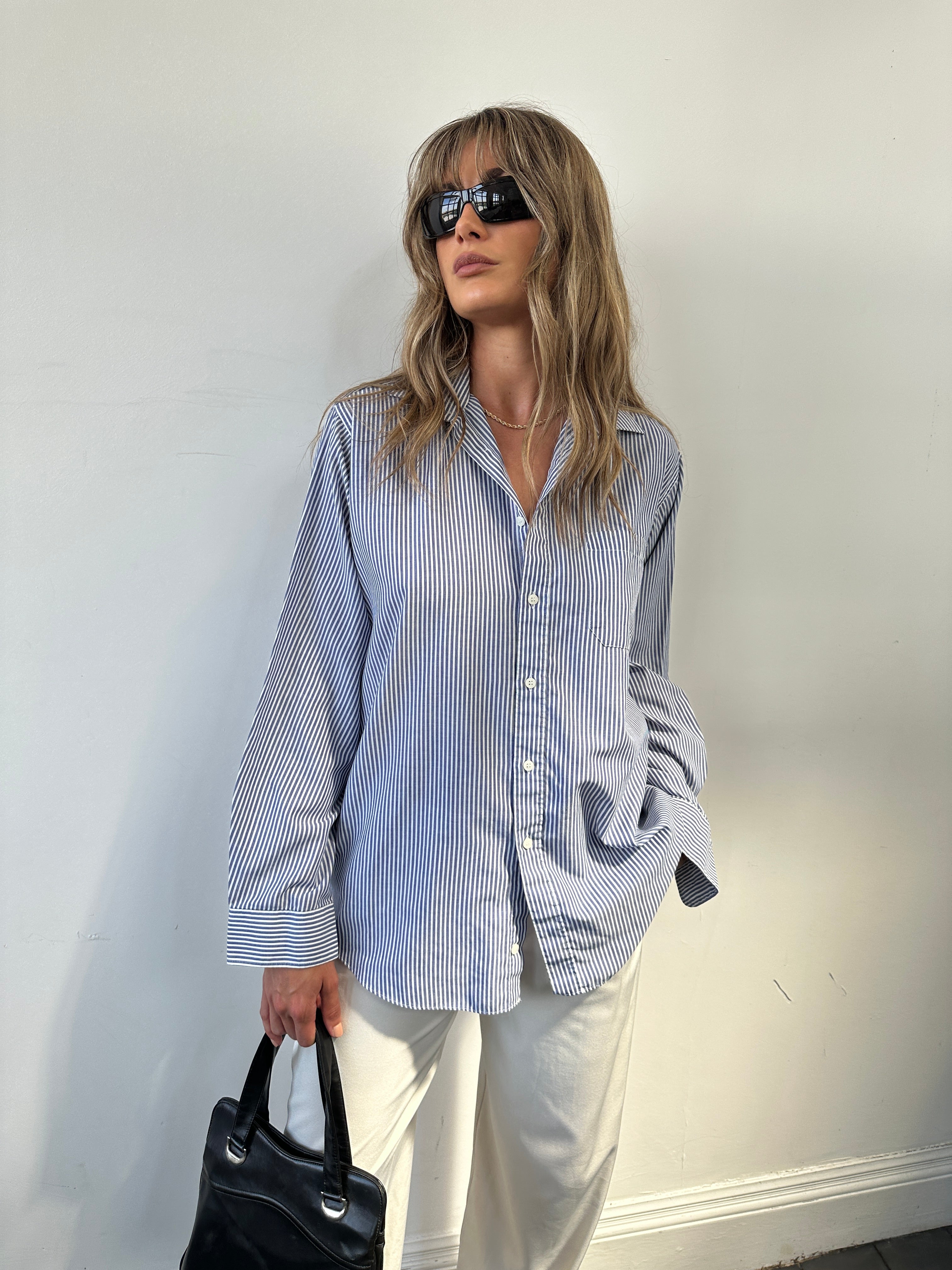 St Michael Pinstripe Cotton Shirt - M - SYLK