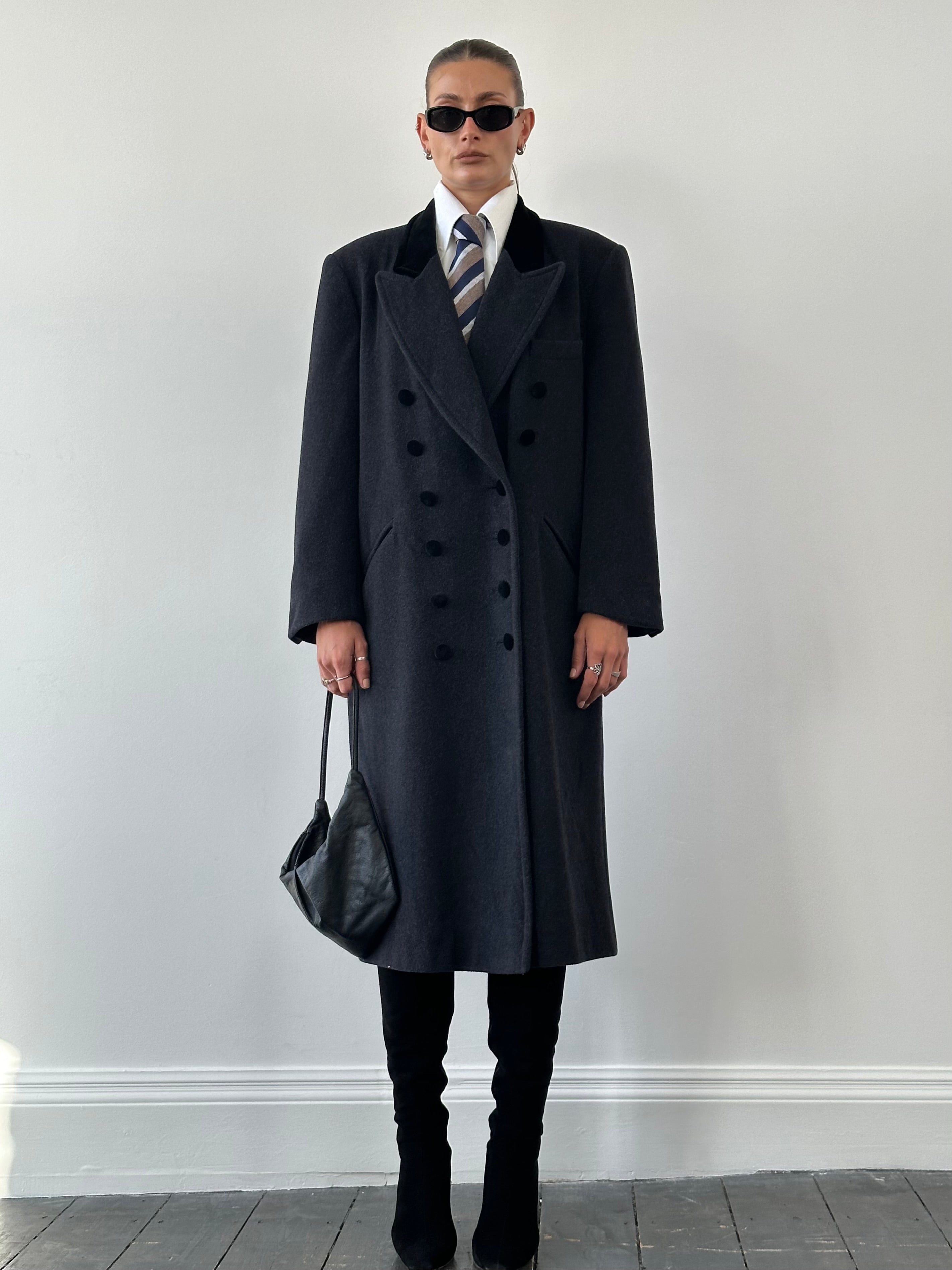 Vintage wool double-breasted tuxedo coat in XL, showcasing classic style and tailored fit with detailed buttons and lapels.