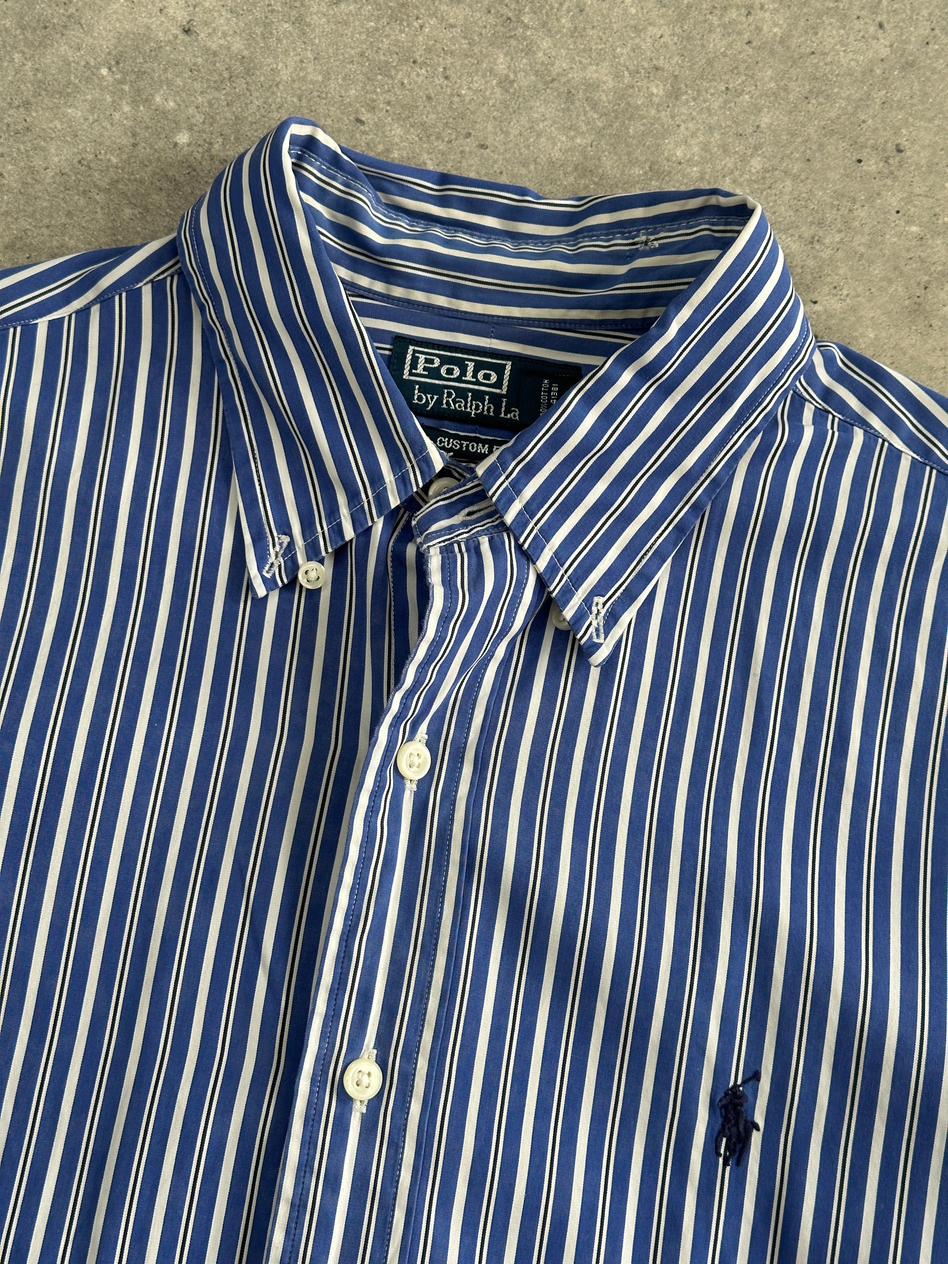 Ralph Lauren stripe pure cotton logo shirt in size L/XL, featuring a classic striped pattern and the brand's logo on the chest.