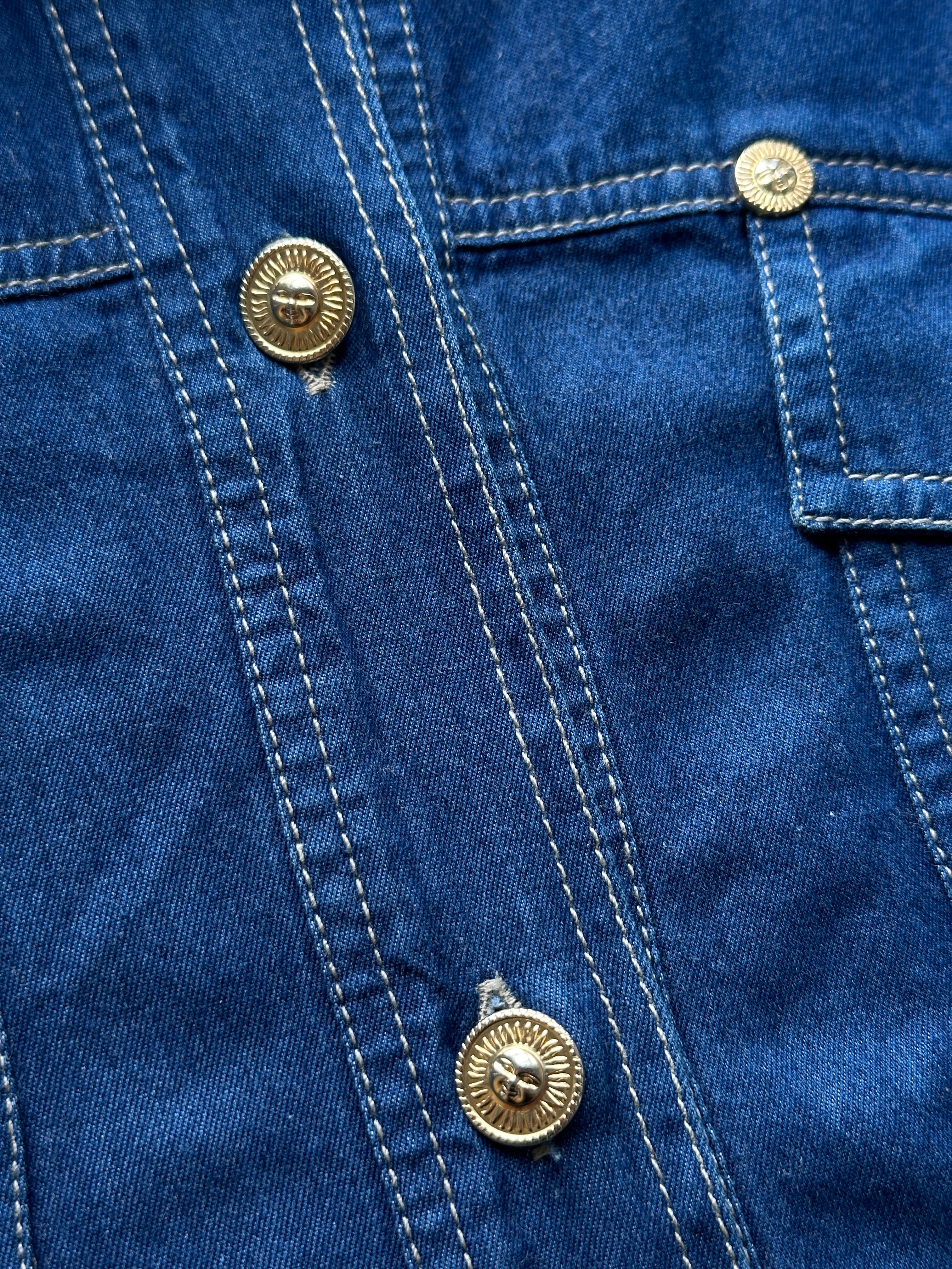 Versace Jeans Couture Sun God denim shirt in size L featuring embroidered sun motif and classic blue denim fabric.