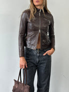 Vintage Double Zip Fitted Biker Leather Jacket - XS/S - SYLK