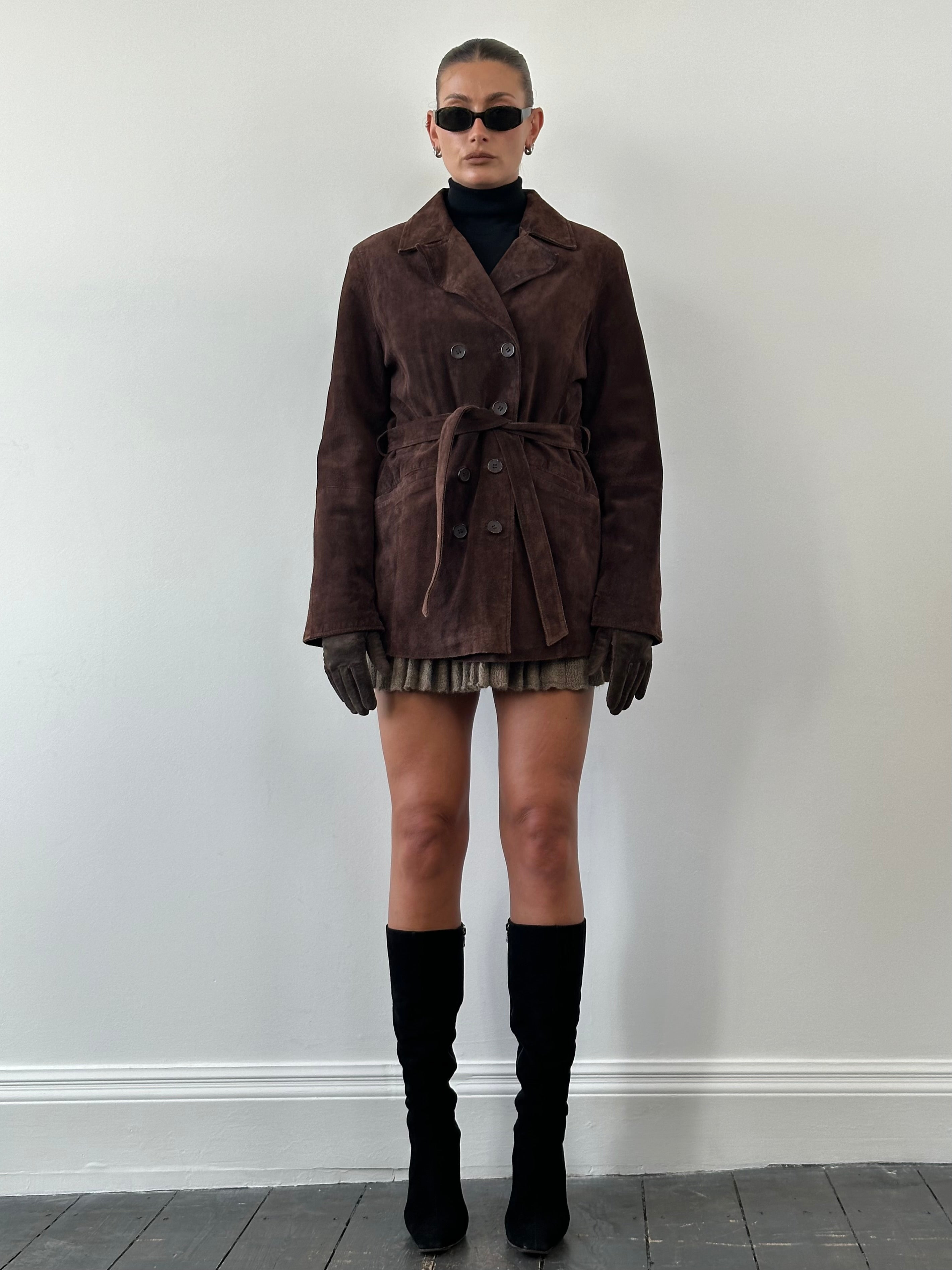 Prada 2000s suede square toe heeled knee boots in taupe, UK 7.5 / EU 40.5, with sleek design and tall heel.