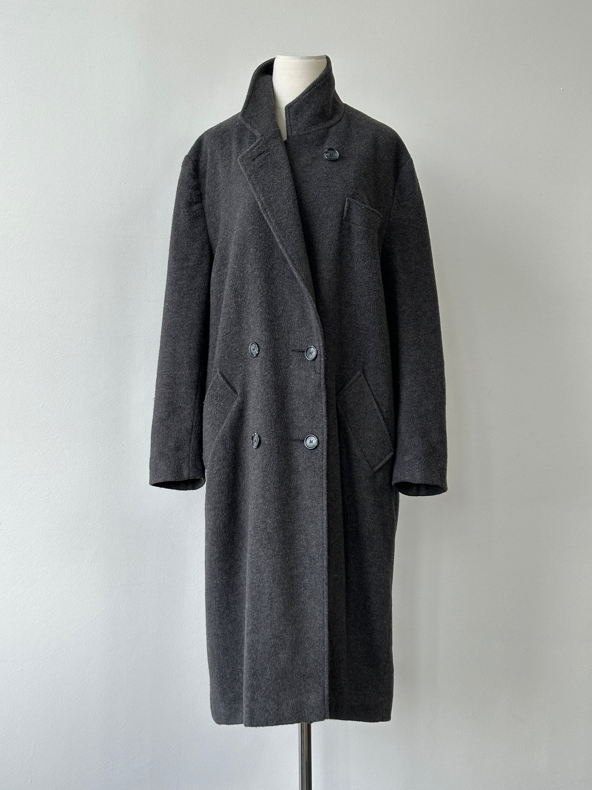 British Vintage 1990s Wool High Neck Double Breasted Coat - L