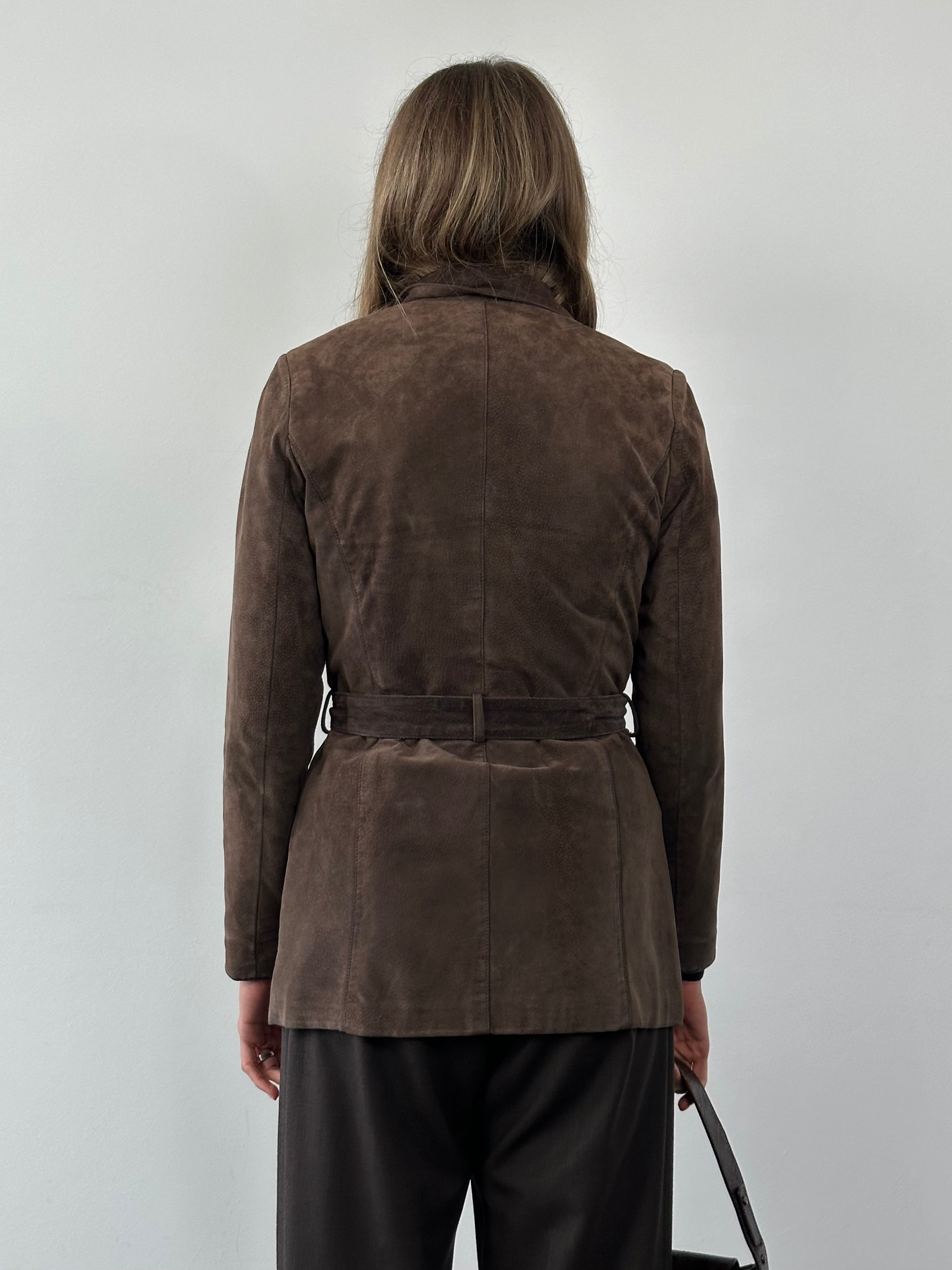 Vintage suede belted leather jacket in size S/M with classic design and textured finish, displayed on a neutral background.