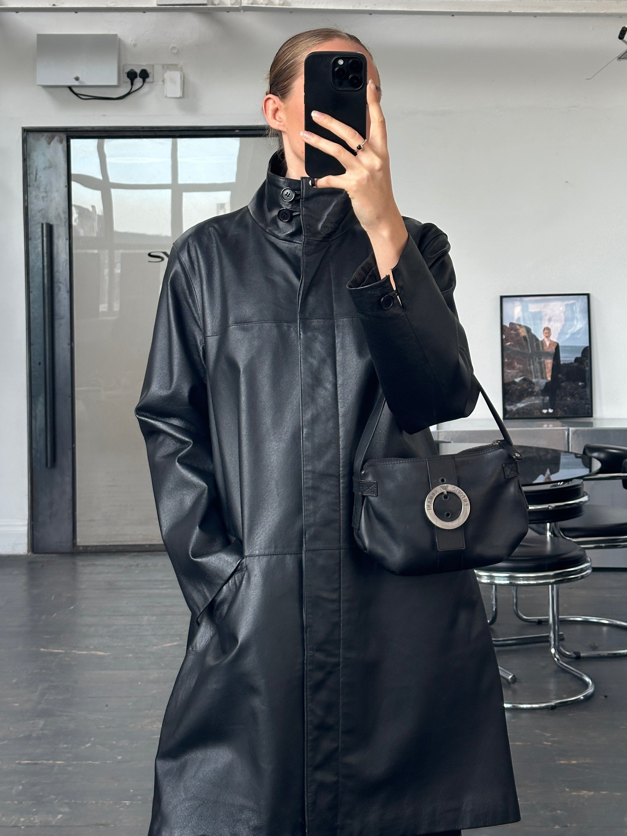 Vintage 2000s High Neck Leather Trench Coat - M - SYLK