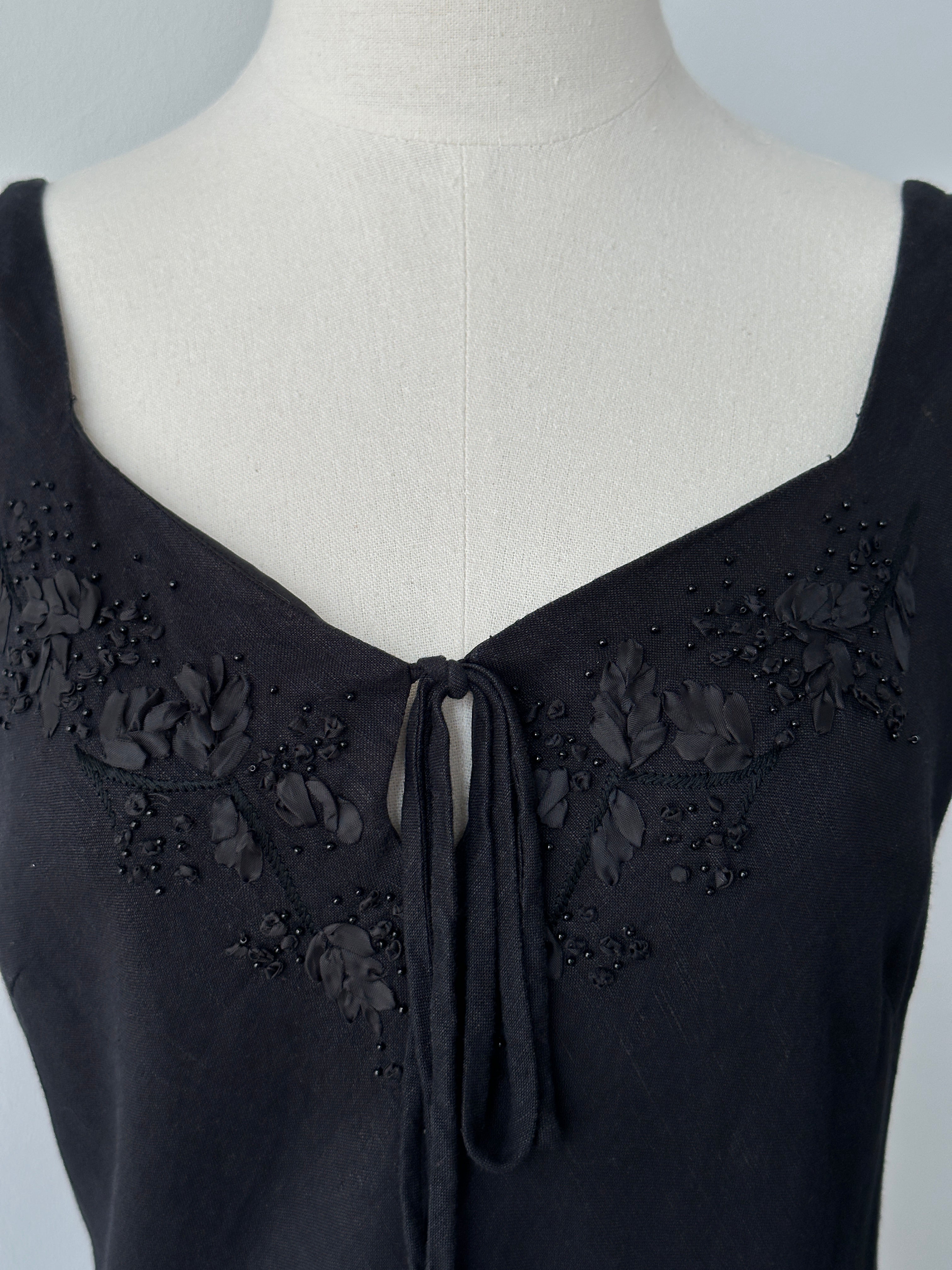 Vintage 1990s Linen Beaded Floor Length Dress - S