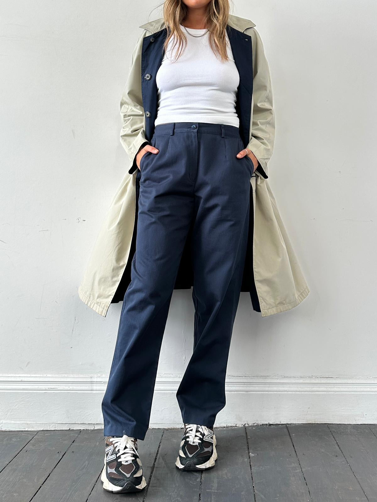L.L.Bean straight leg cotton trousers with elastic waistband in size W28-30, showing beige fabric and relaxed fit.