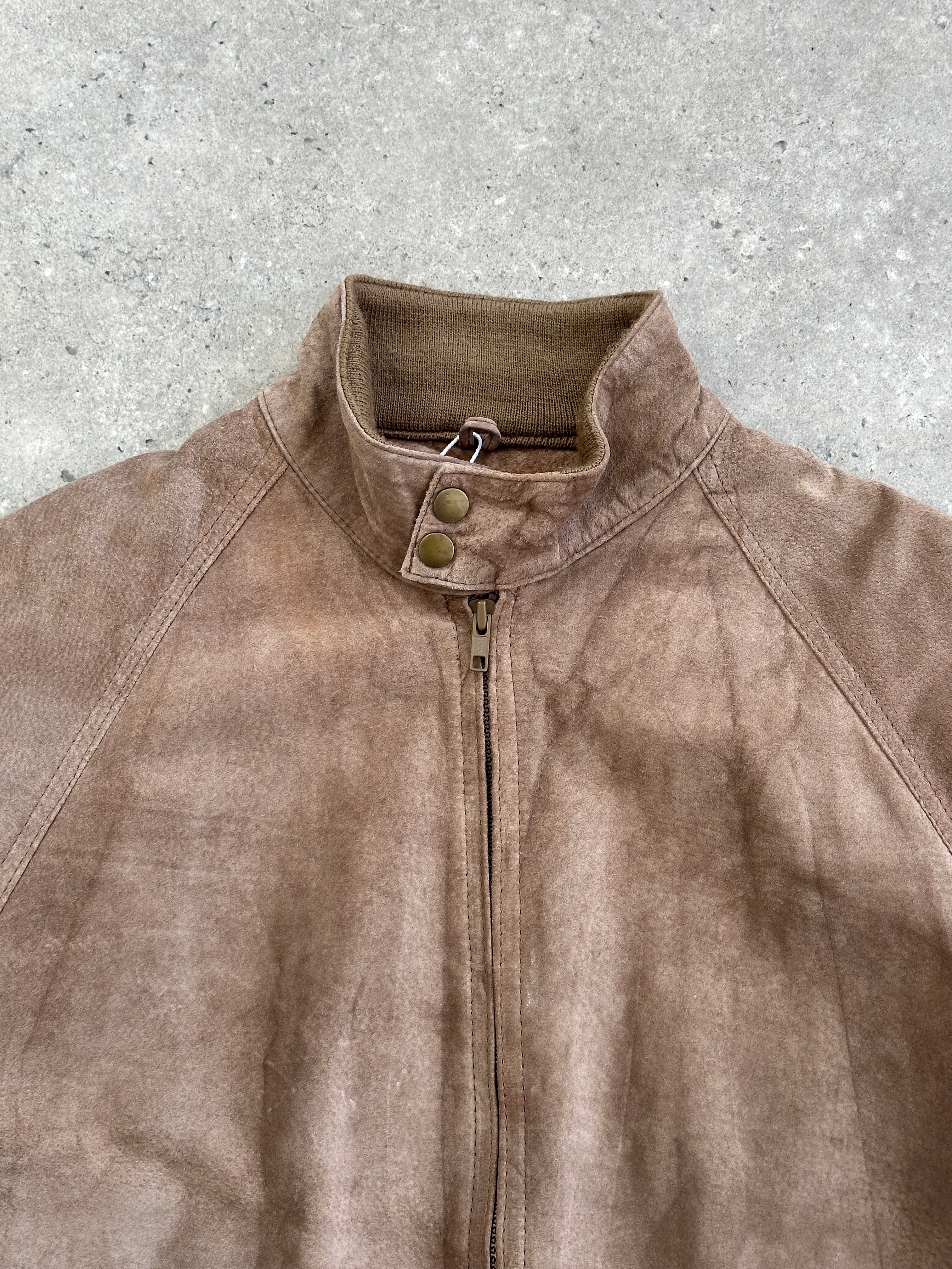 Vintage 1990s high neck suede bomber jacket in XL, showcasing classic style and rich brown suede fabric.