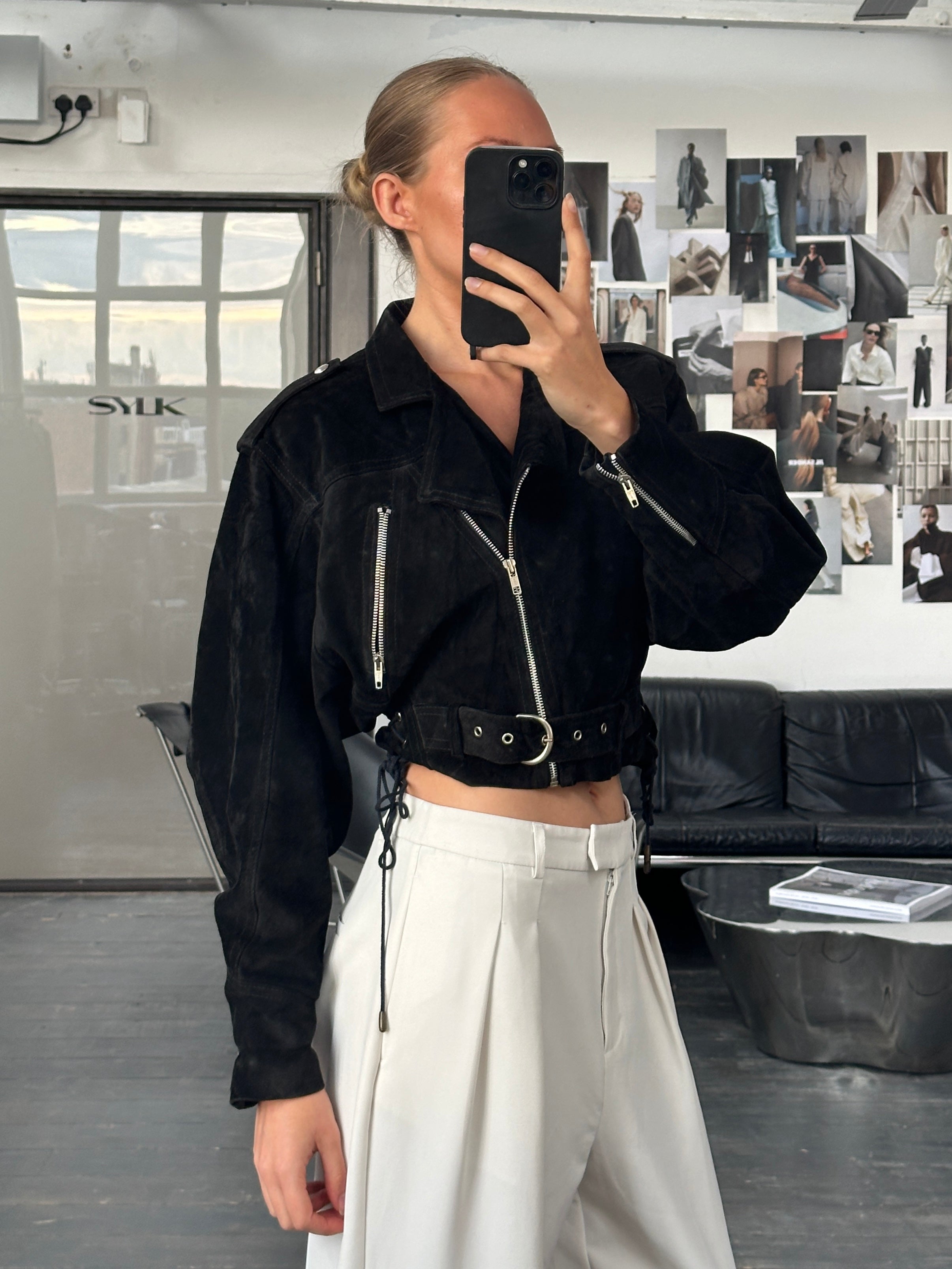 Vintage 1980s French suede cropped biker leather jacket, S/M, with classic vintage styling and distressed finish.
