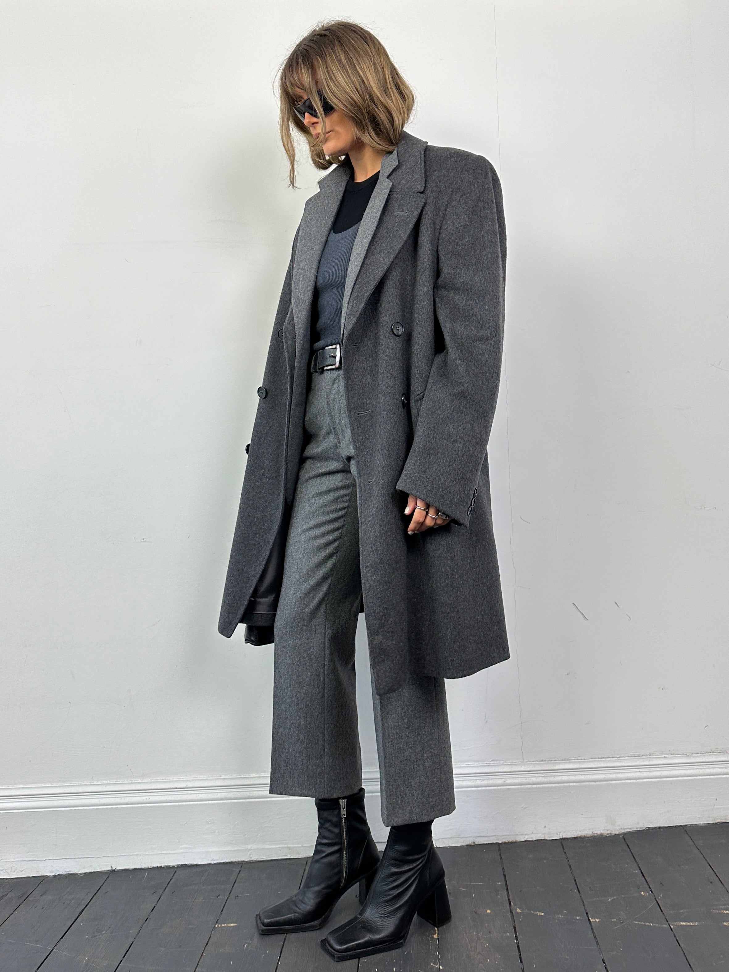 Vintage wool cashmere double-breasted coat in size L, showcasing classic tailored design and rich fabric texture.