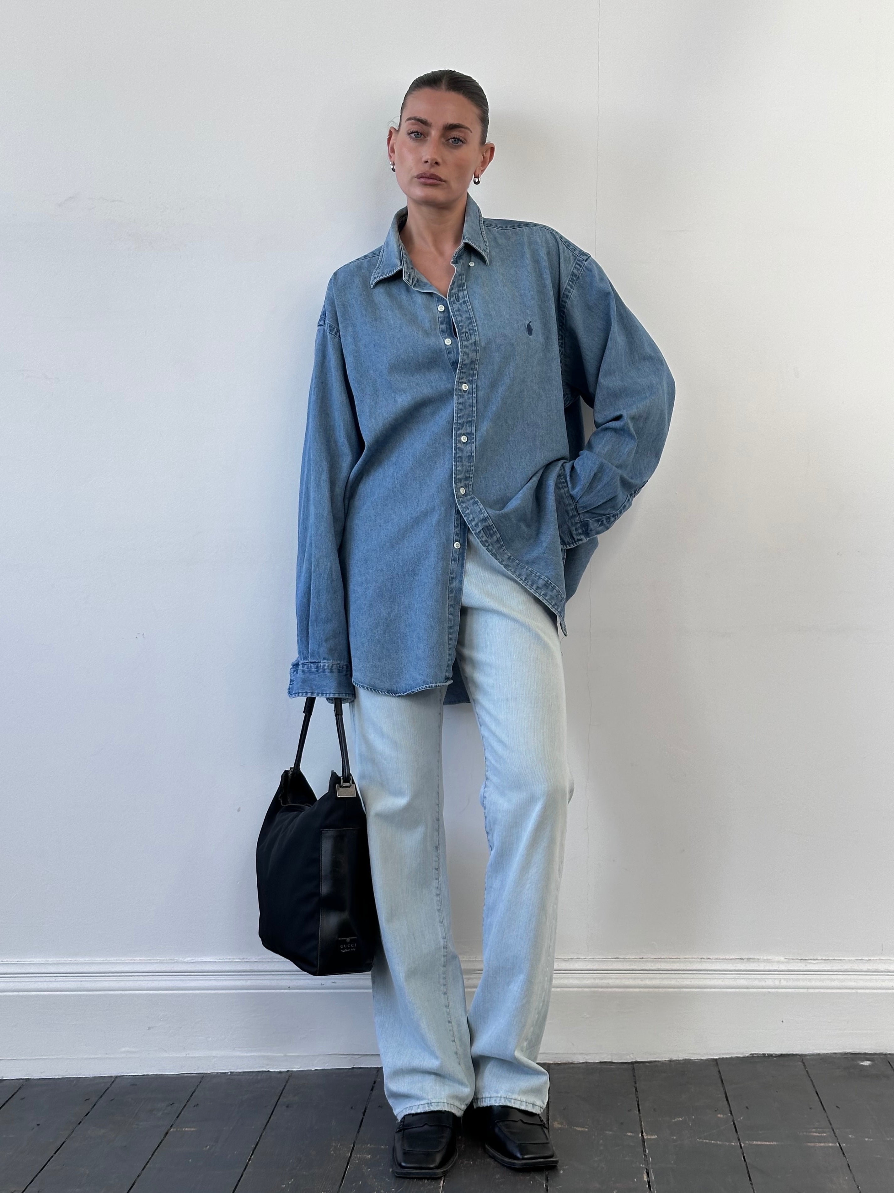 Ralph Lauren Denim Logo Shirt in XXL, blue denim with Ralph Lauren polo logo, casual button-up shirt for men.