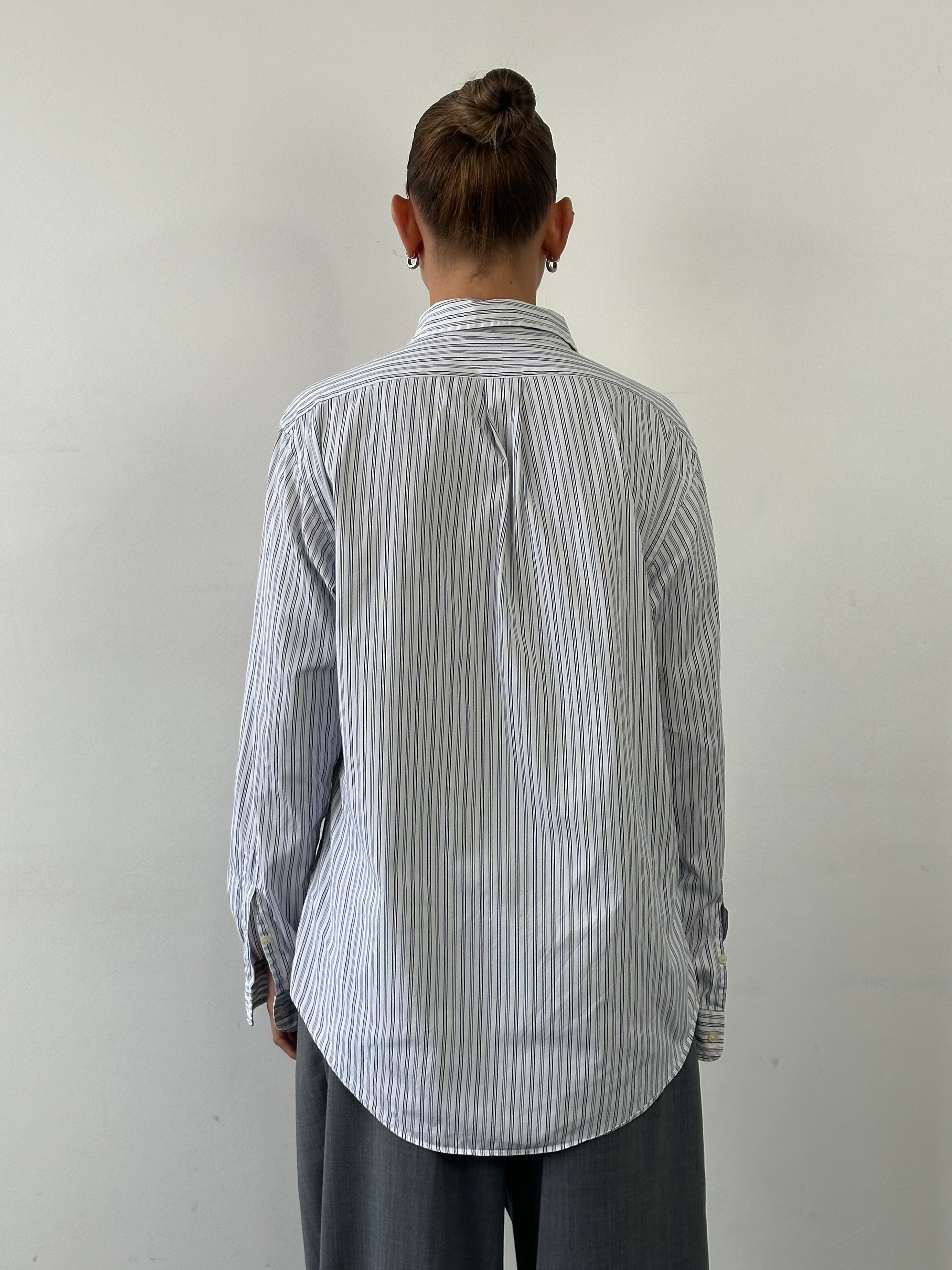 Ralph Lauren stripe pure cotton shirt in size large, featuring classic collar and button-down front with multicolor stripes.
