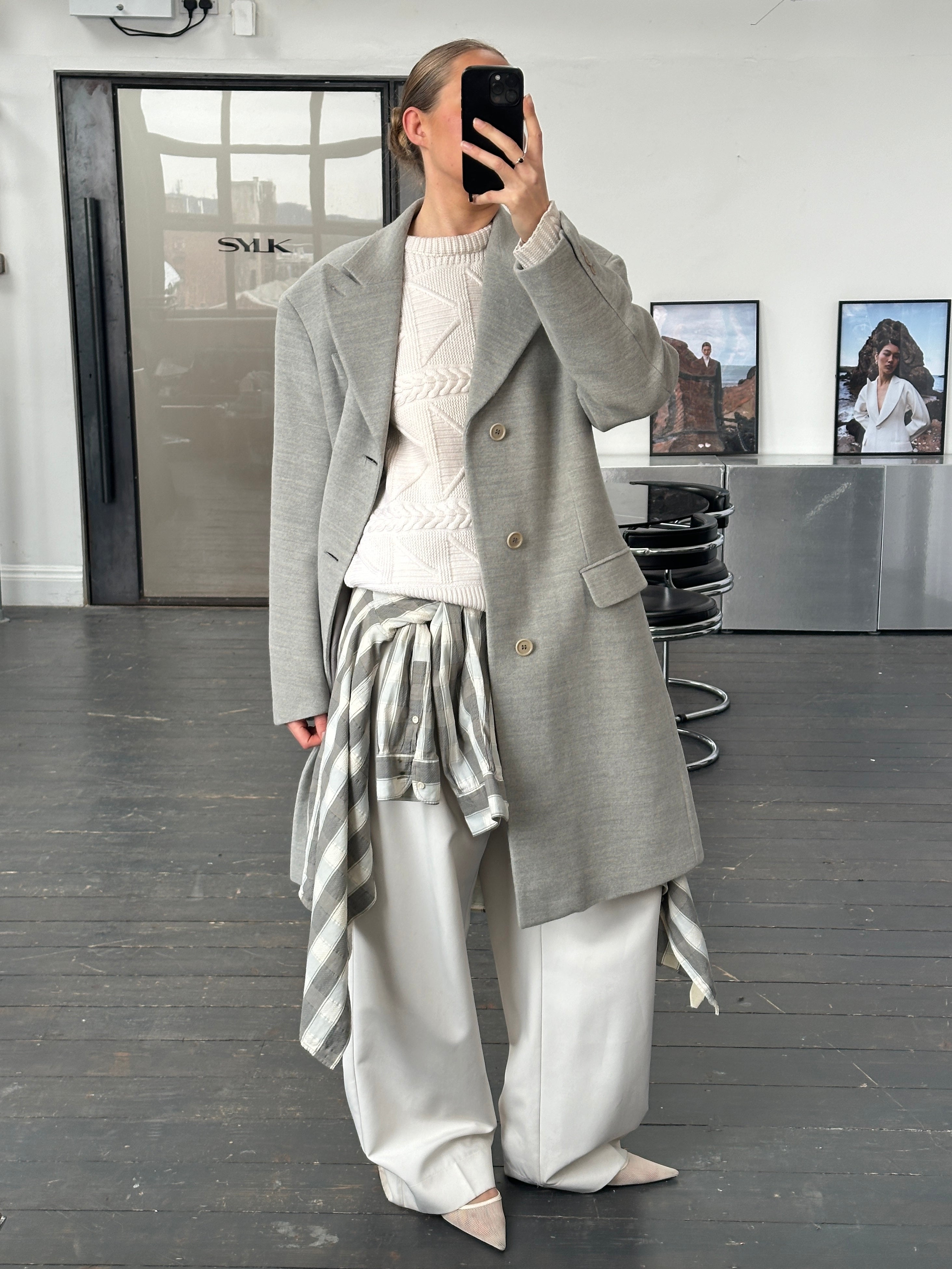 Gianfranco Ferre 1990s wool single-breasted coat in size L, showcasing classic tailored design and neutral color.